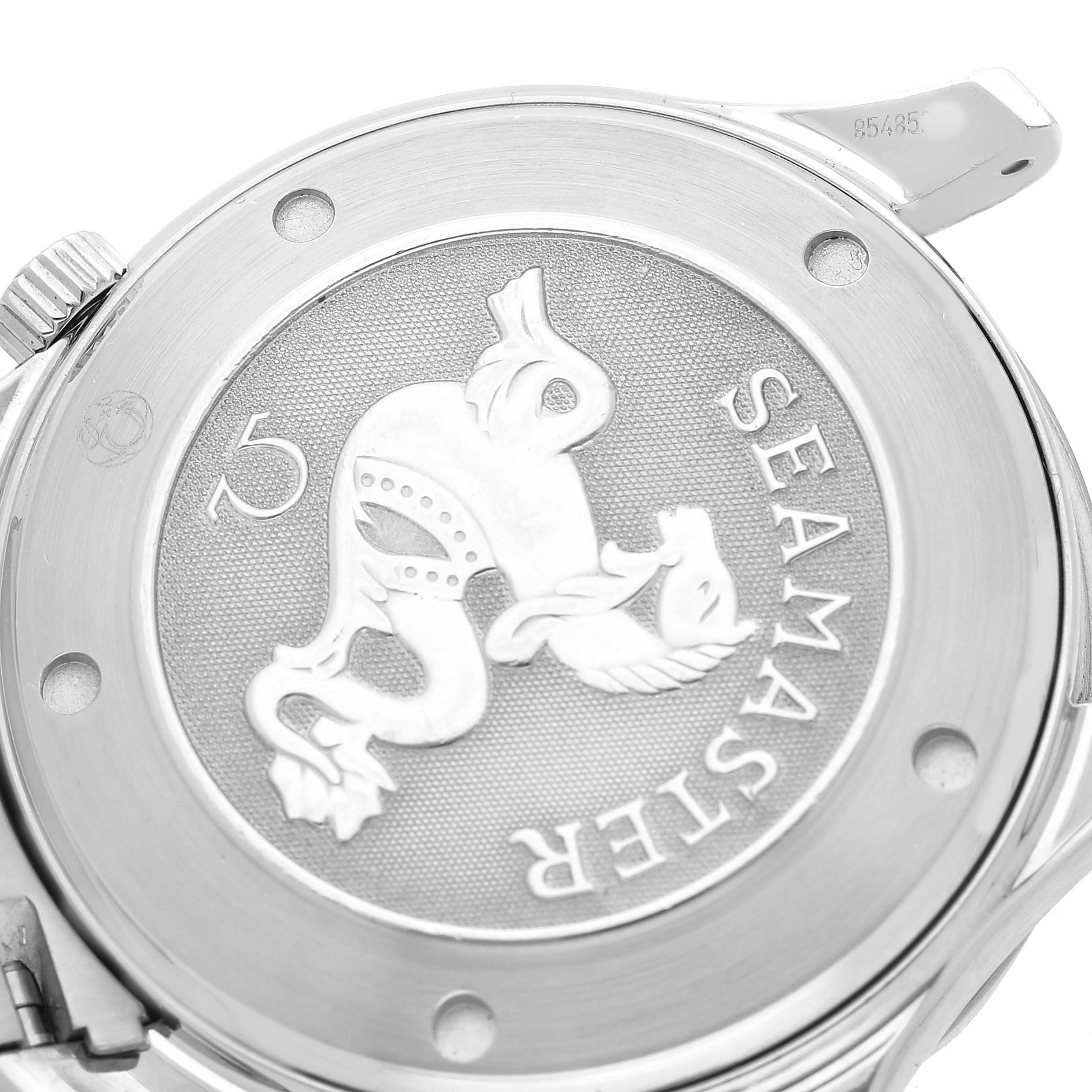 The image shows the case back of an Omega Seamaster 212.30.41.20.01.002 Men's Stainless Steel Black Dial watch, angled to display the embossed emblem and surrounding engravings.