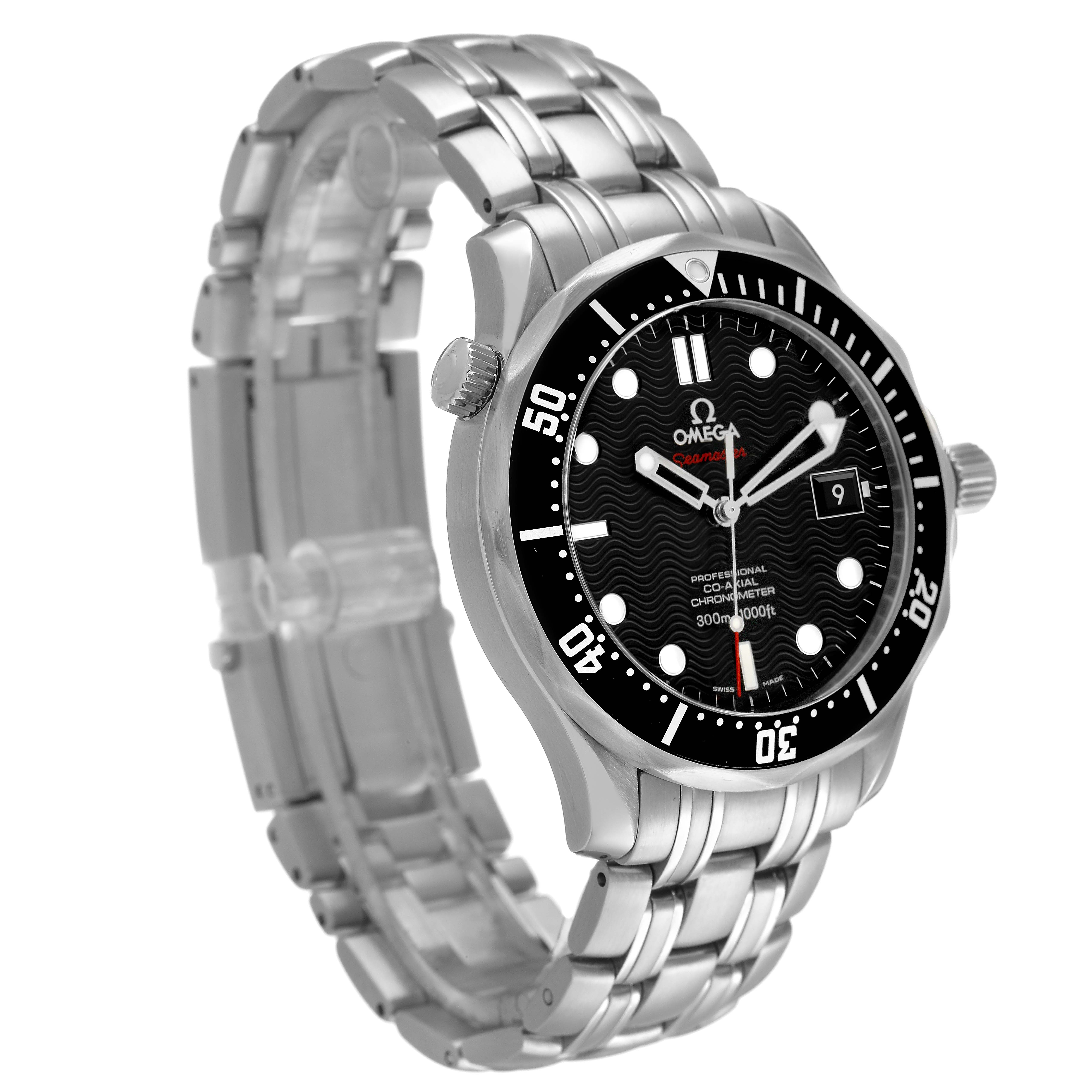 The Omega Seamaster 212.30.41.20.01.002 Men's Stainless Steel Black Dial watch is displayed at a three-quarter angle, showing the bracelet, bezel, crown, and black wavy dial.