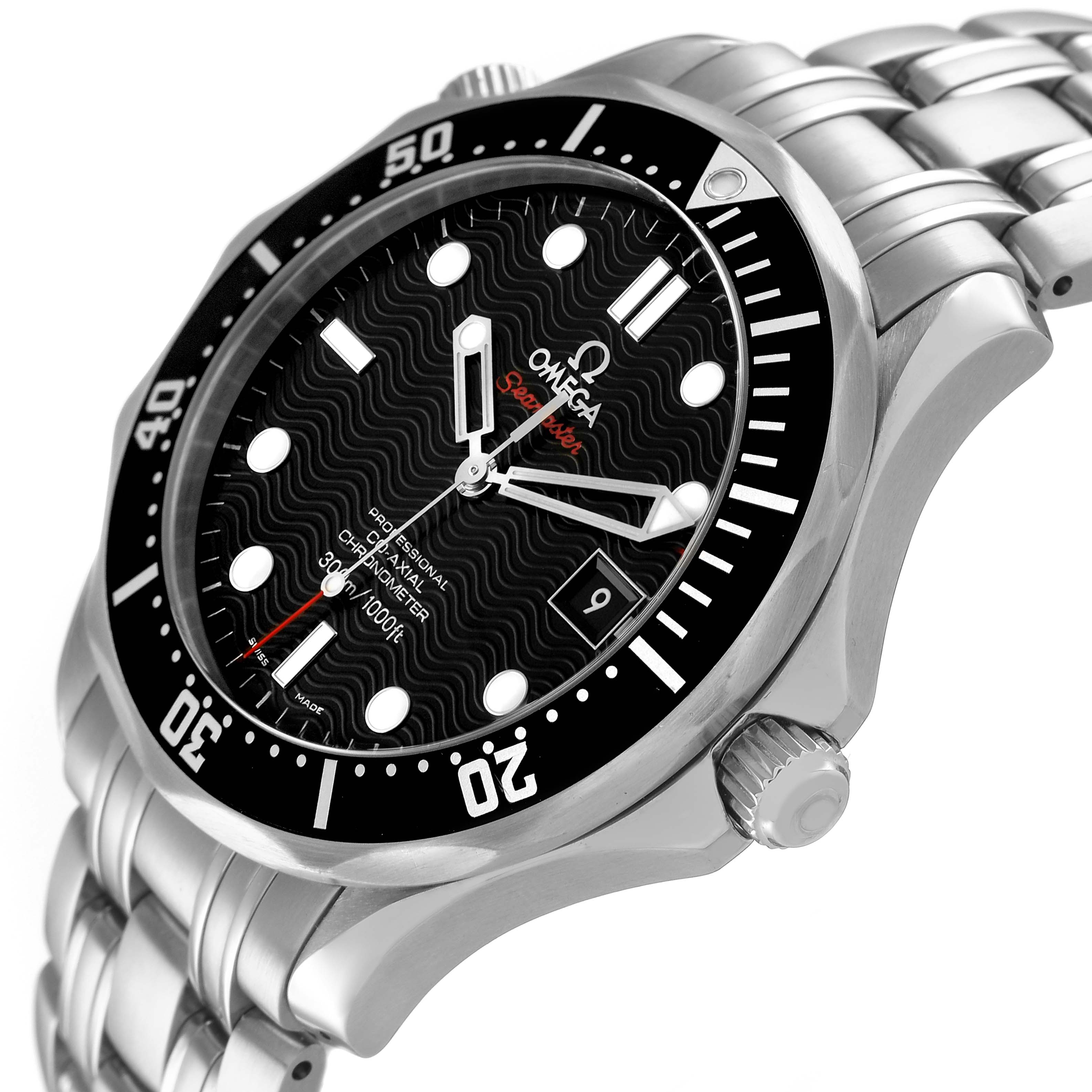The Omega Seamaster 212.30.41.20.01.002 Men's Stainless Steel Black Dial watch is shown at a slight angle, highlighting the dial, bezel, and bracelet.