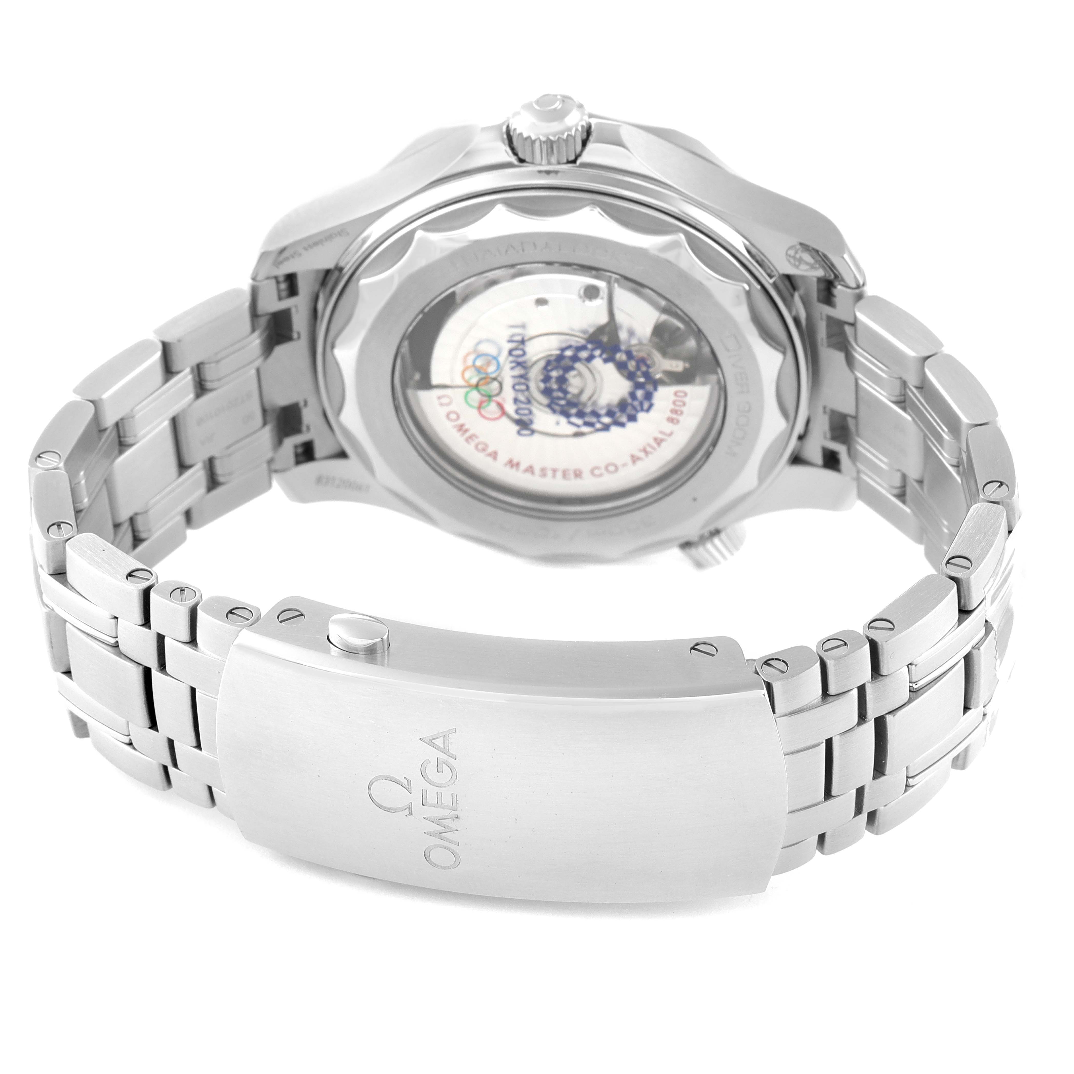 This image shows the back and bracelet clasp of an Omega Seamaster 522.30.42.20.04.001 Men's Stainless Steel White Dial 522.30.42.20.04.001 Men's Stainless Steel White Dial watch from a rear angle.