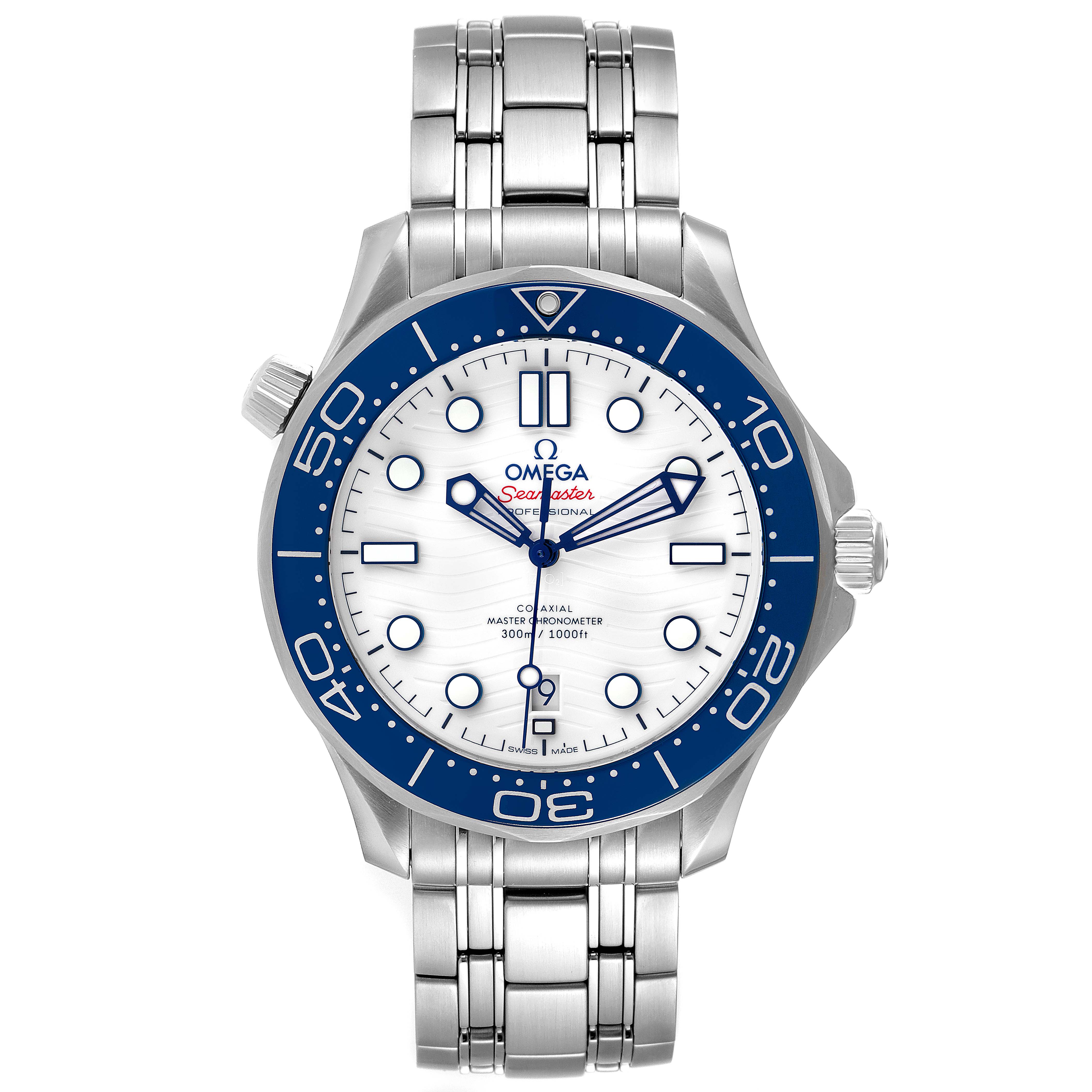 The image shows a front view of the Omega Seamaster 522.30.42.20.04.001 Men's Stainless Steel White Dial 522.30.42.20.04.001 Men's Stainless Steel White Dial watch, highlighting its face, bezel, hands, bracelet, and crown.