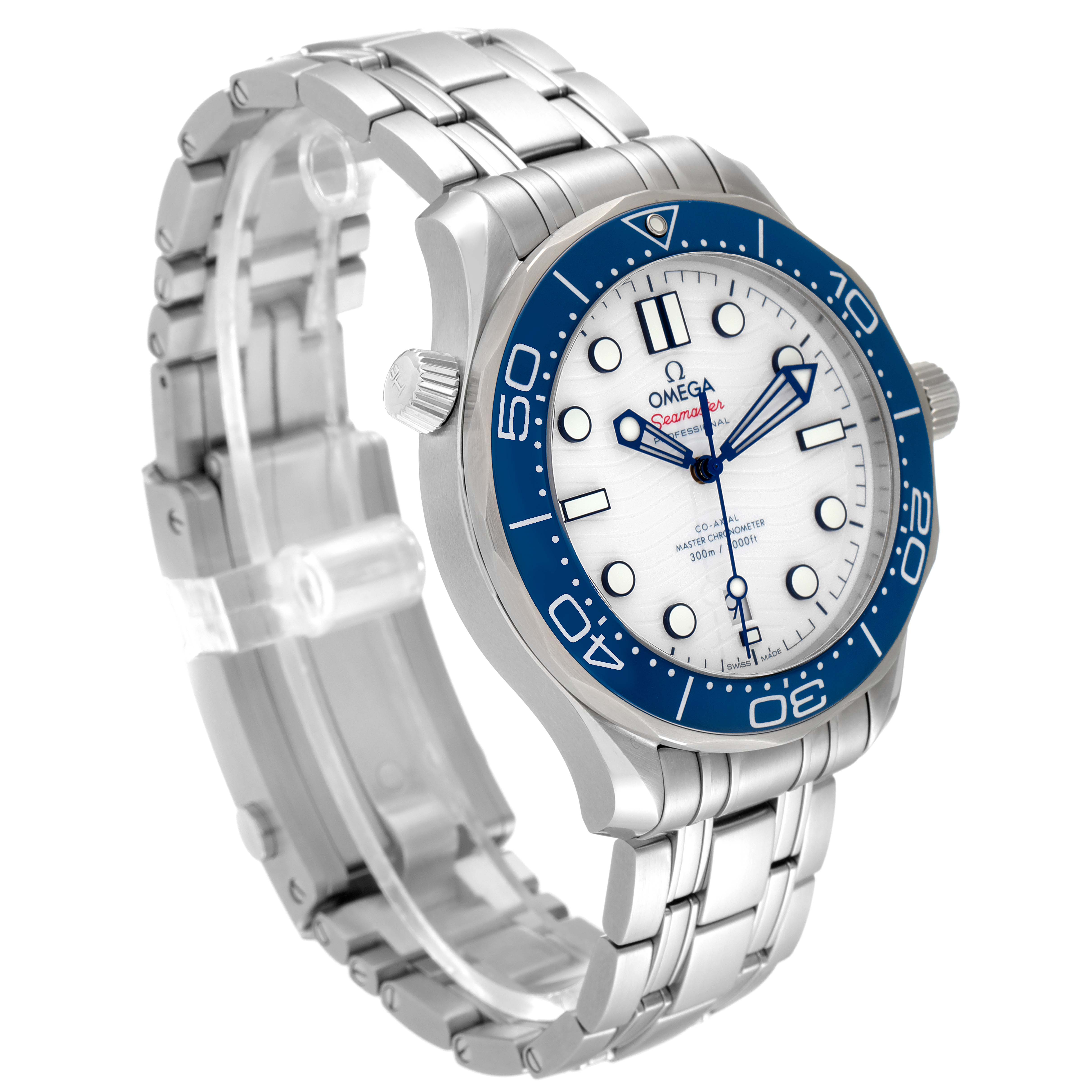 The Omega Seamaster 522.30.42.20.04.001 Men's Stainless Steel White Dial 522.30.42.20.04.001 Men's Stainless Steel White Dial watch is shown at a three-quarter angle, displaying the dial, bezel, crown, and stainless steel bracelet.