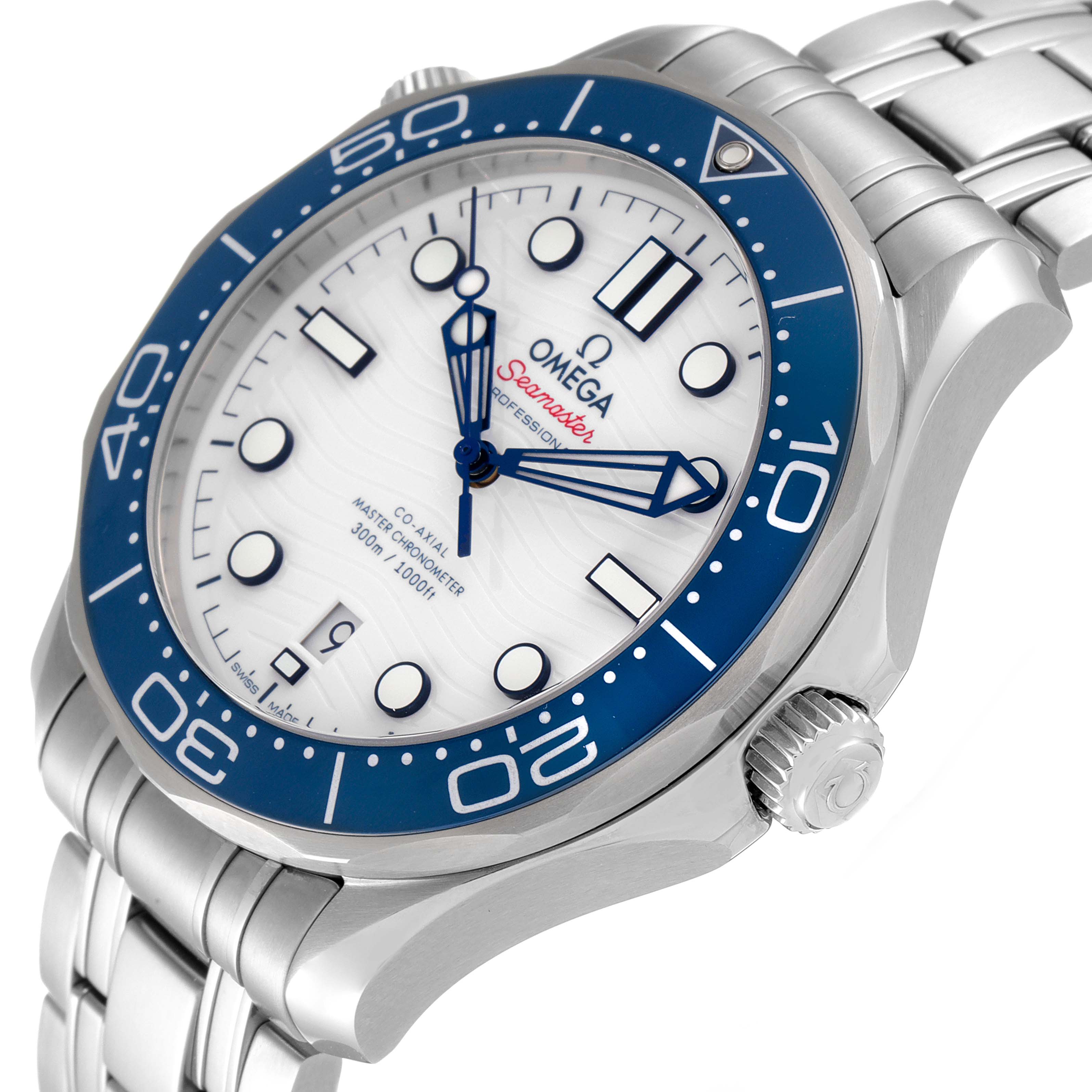 This image shows an angled view of the Omega Seamaster 522.30.42.20.04.001 Men's Stainless Steel White Dial 522.30.42.20.04.001 Men's Stainless Steel White Dial watch, highlighting its blue bezel, white dial, and metal bracelet.