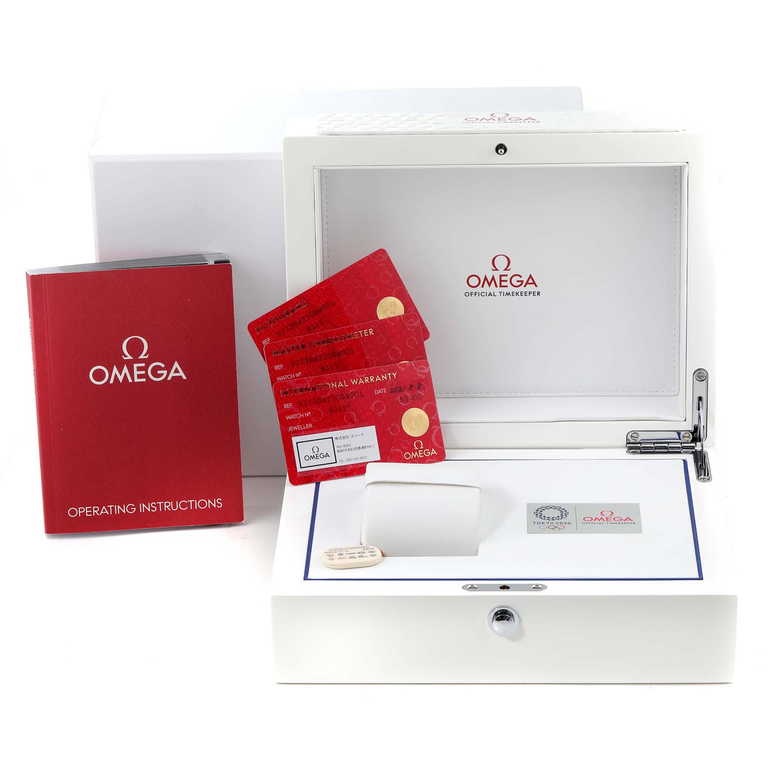 The image shows a front view of the Omega Seamaster 522.30.42.20.04.001 Men's Stainless Steel White Dial 522.30.42.20.04.001 Men's Stainless Steel White Dial watch package, including the box, instruction manual, and warranty cards.