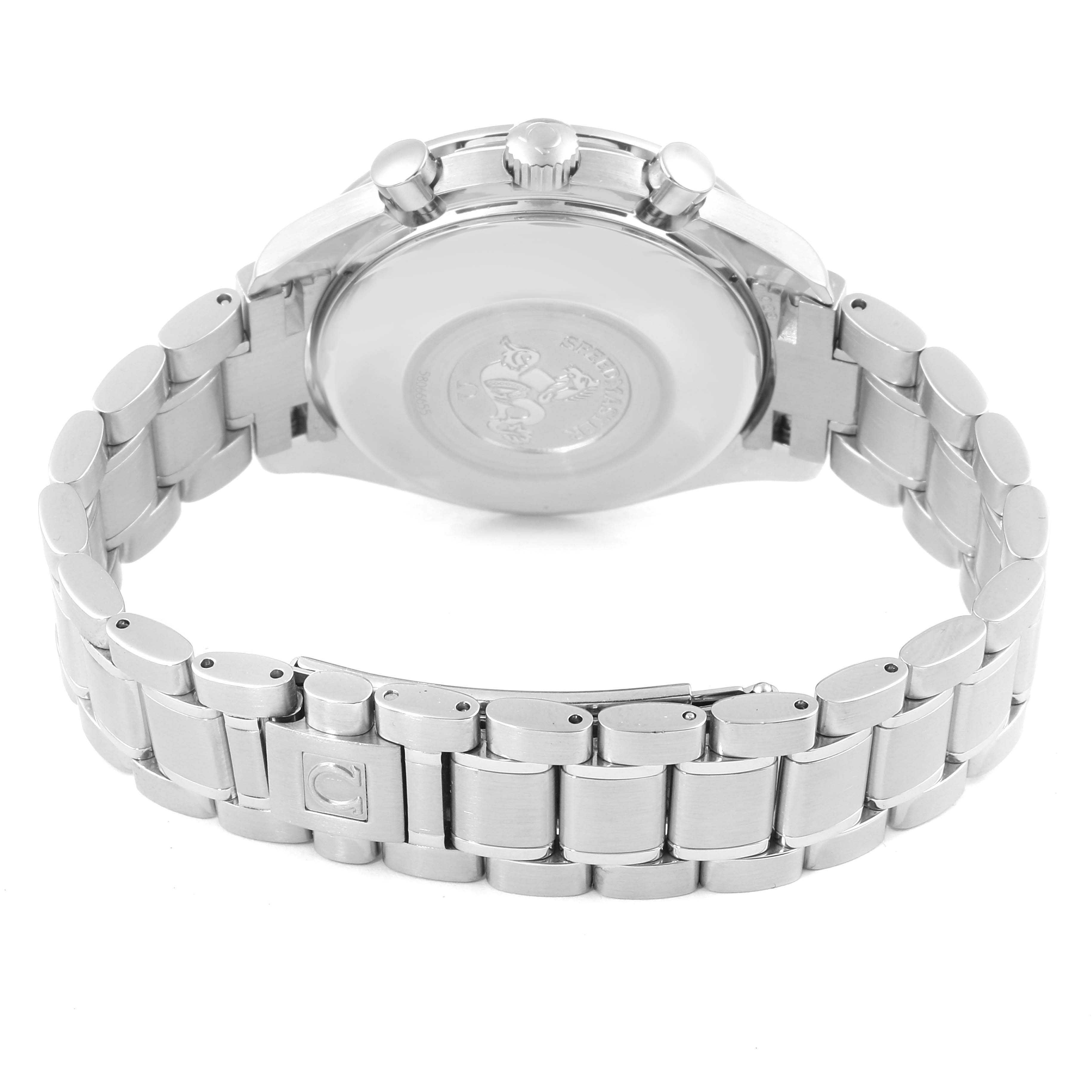 This image shows the back case, bracelet, and clasp of the Omega Speedmaster 3513.82.00 Men's Stainless Steel Blue Dial 3513.82.00 Men's Stainless Steel Blue Dial watch, viewed from the rear.