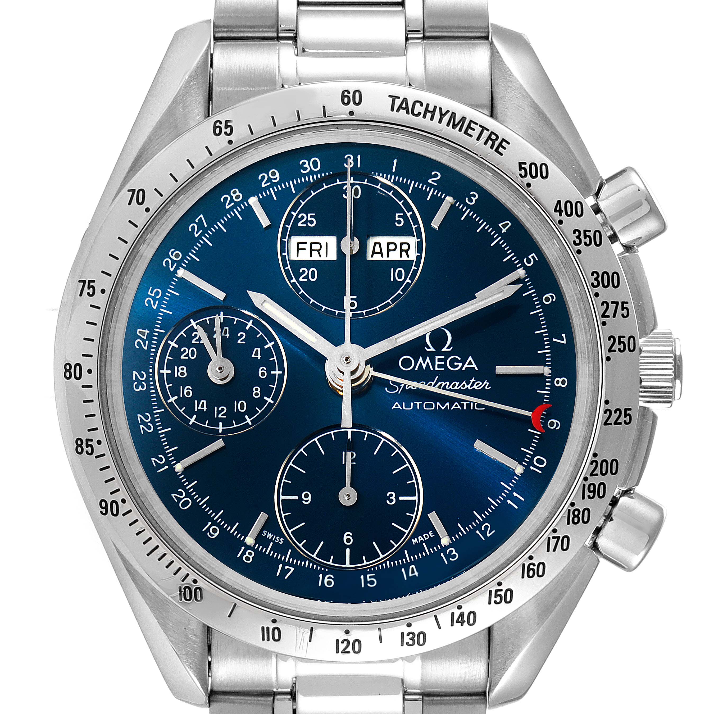 The Omega Speedmaster 3521.80.00 Men
s Stainless Steel Blue Dial 3521.80.00 Men
s Stainless Steel Blue Dial watch is shown from a top-down angle, featuring its face, bezel, and metal bracelet.