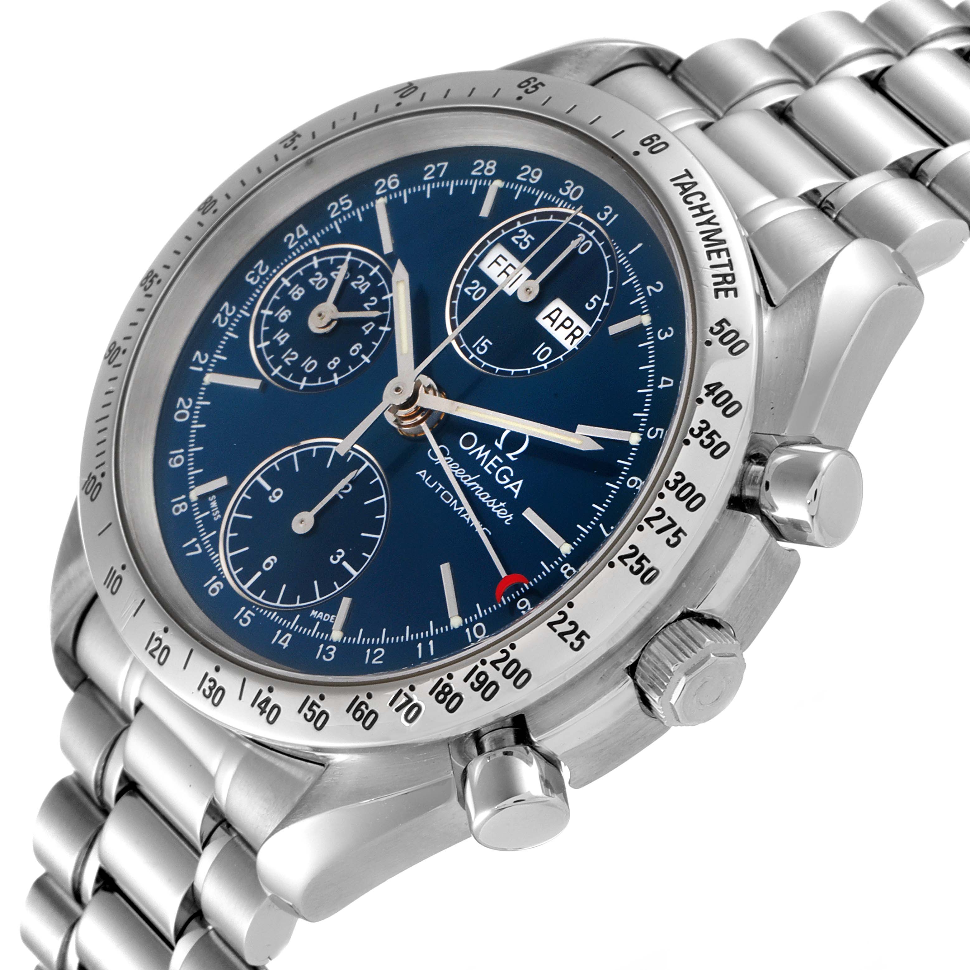 This image shows a side view of the Omega Speedmaster 3521.80.00 Men
s Stainless Steel Blue Dial 3521.80.00 Men
s Stainless Steel Blue Dial watch, highlighting the dial, subdials, tachymetre bezel, and bracelet.