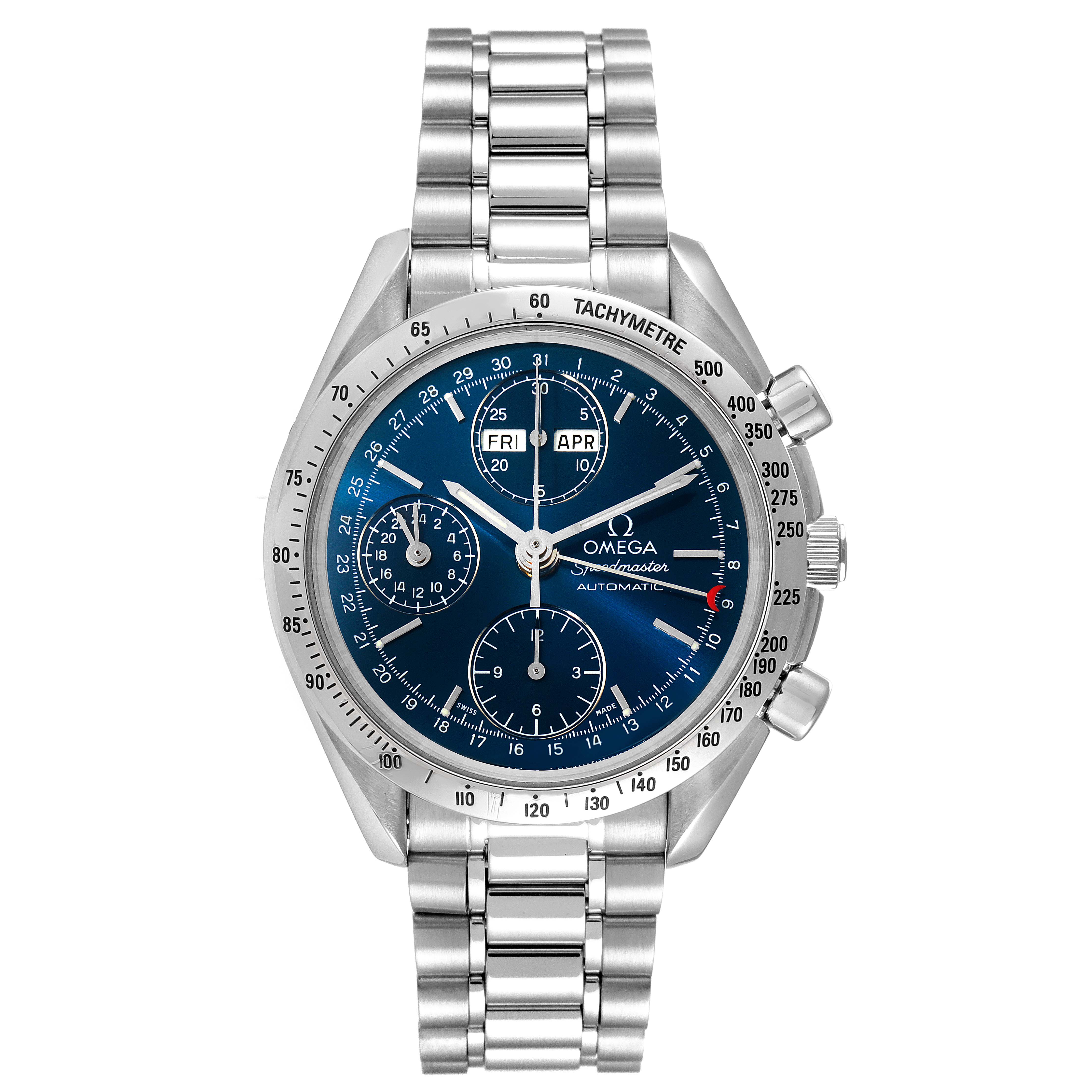 This image shows a frontal view of an Omega Speedmaster 3521.80.00 Men
s Stainless Steel Blue Dial 3521.80.00 Men
s Stainless Steel Blue Dial watch, highlighting the face, dials, and metal bracelet.