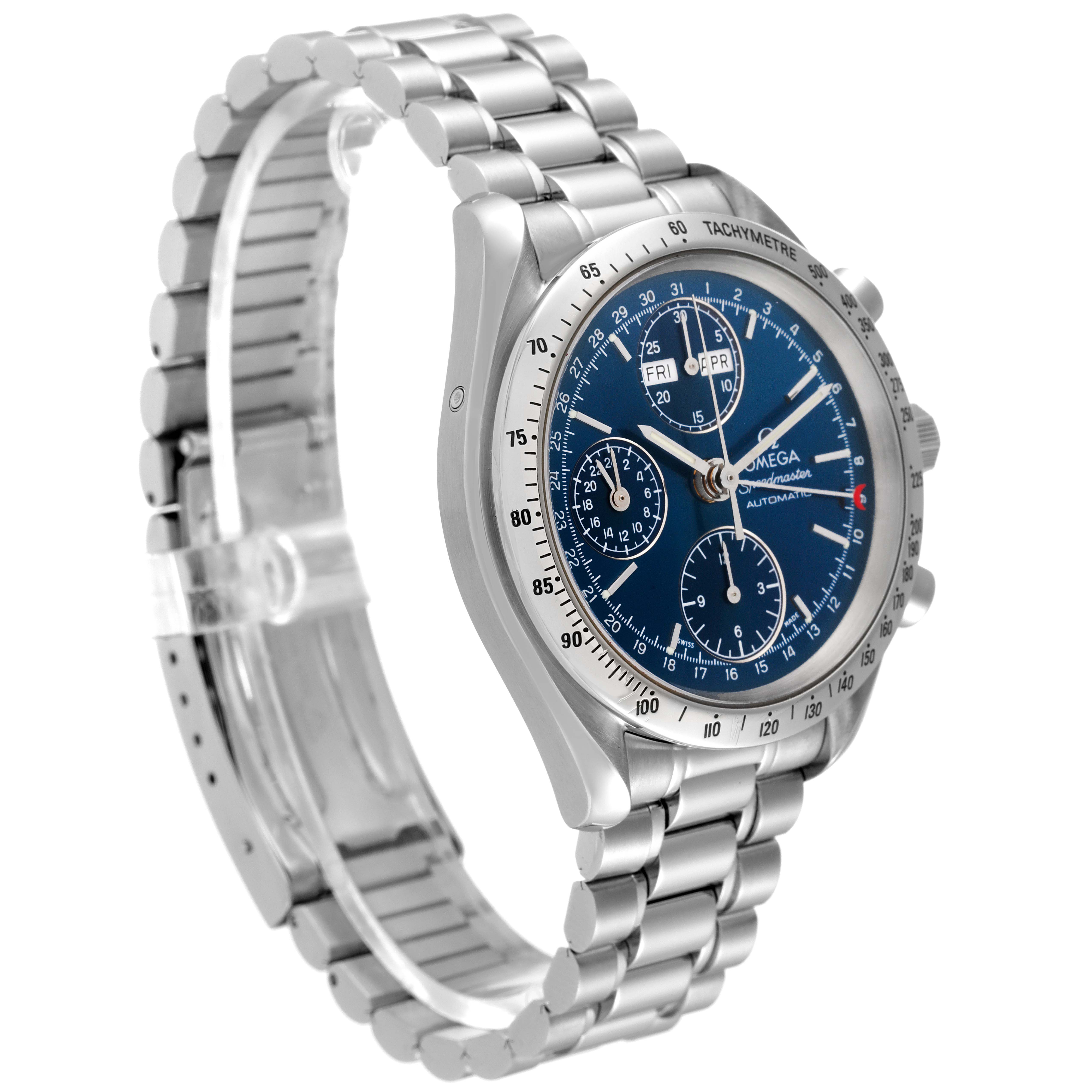 The image shows an Omega Speedmaster 3521.80.00 Men
s Stainless Steel Blue Dial 3521.80.00 Men
s Stainless Steel Blue Dial watch at a three-quarter angle, highlighting the face, bezel, and metal bracelet.