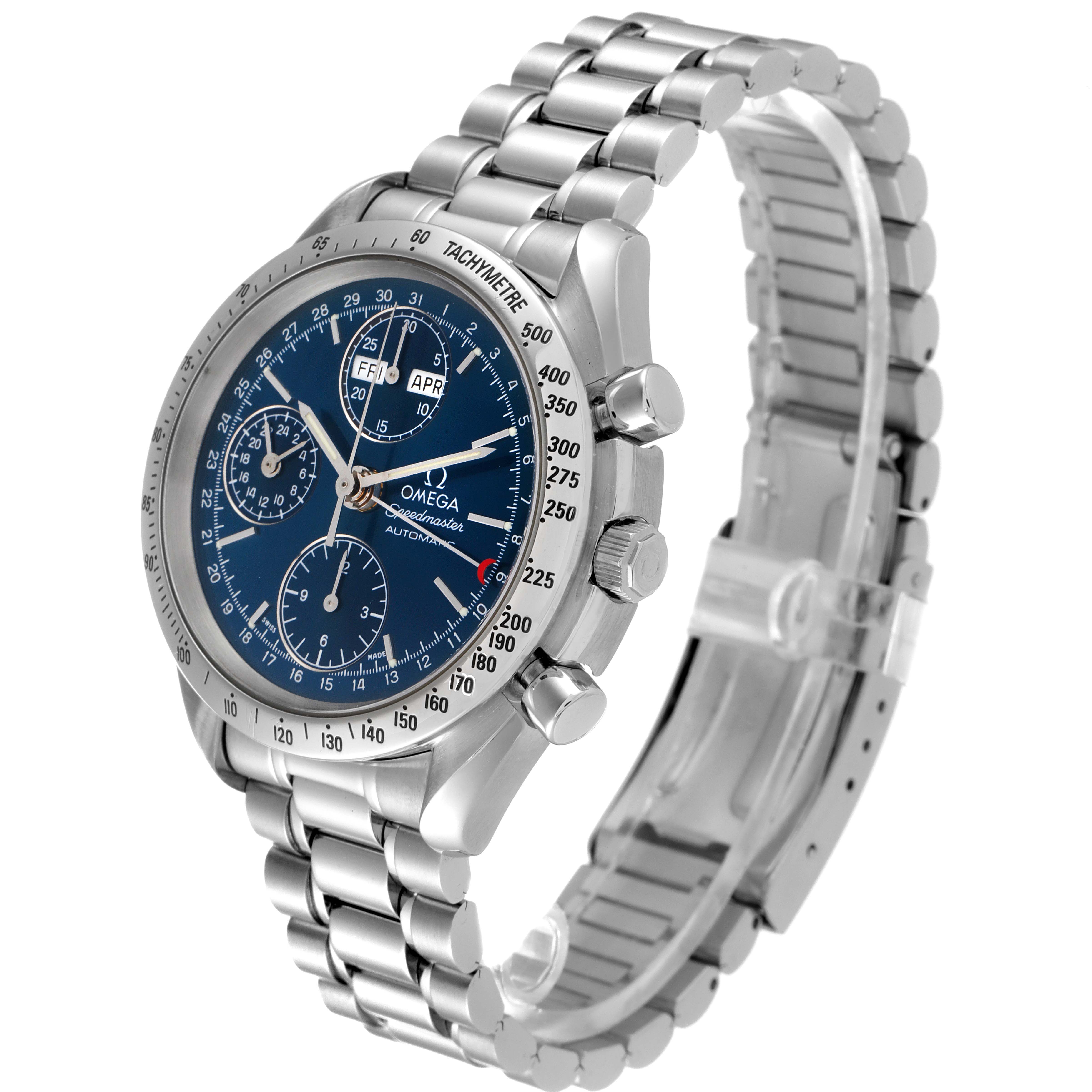 The Omega Speedmaster 3521.80.00 Men
s Stainless Steel Blue Dial 3521.80.00 Men
s Stainless Steel Blue Dial watch is shown from a right-front diagonal angle, displaying the face, bezel, buttons, and metal bracelet.
