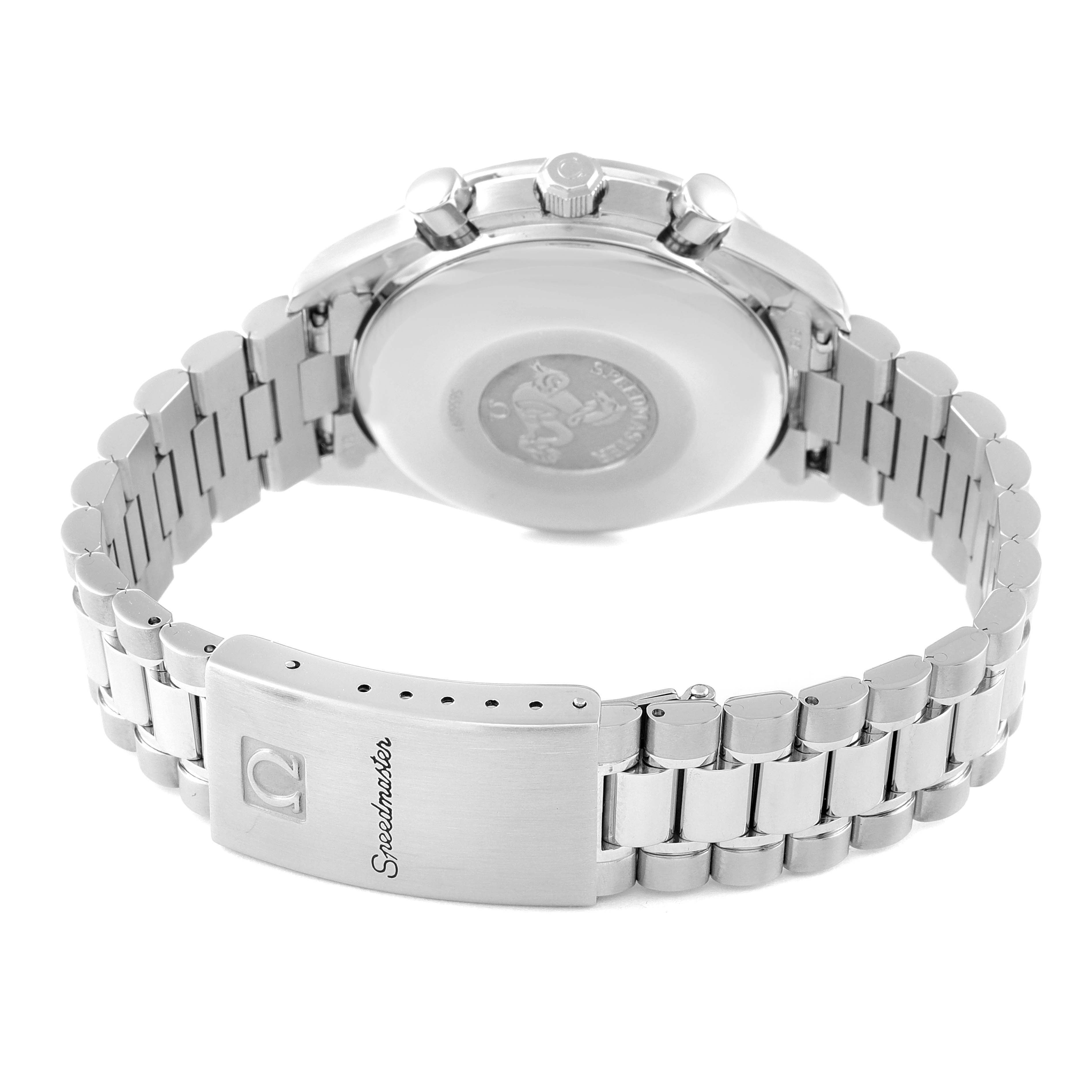 This image shows the back view of an Omega Speedmaster 3521.80.00 Men
s Stainless Steel Blue Dial 3521.80.00 Men
s Stainless Steel Blue Dial watch, highlighting its stainless steel bracelet and clasp.