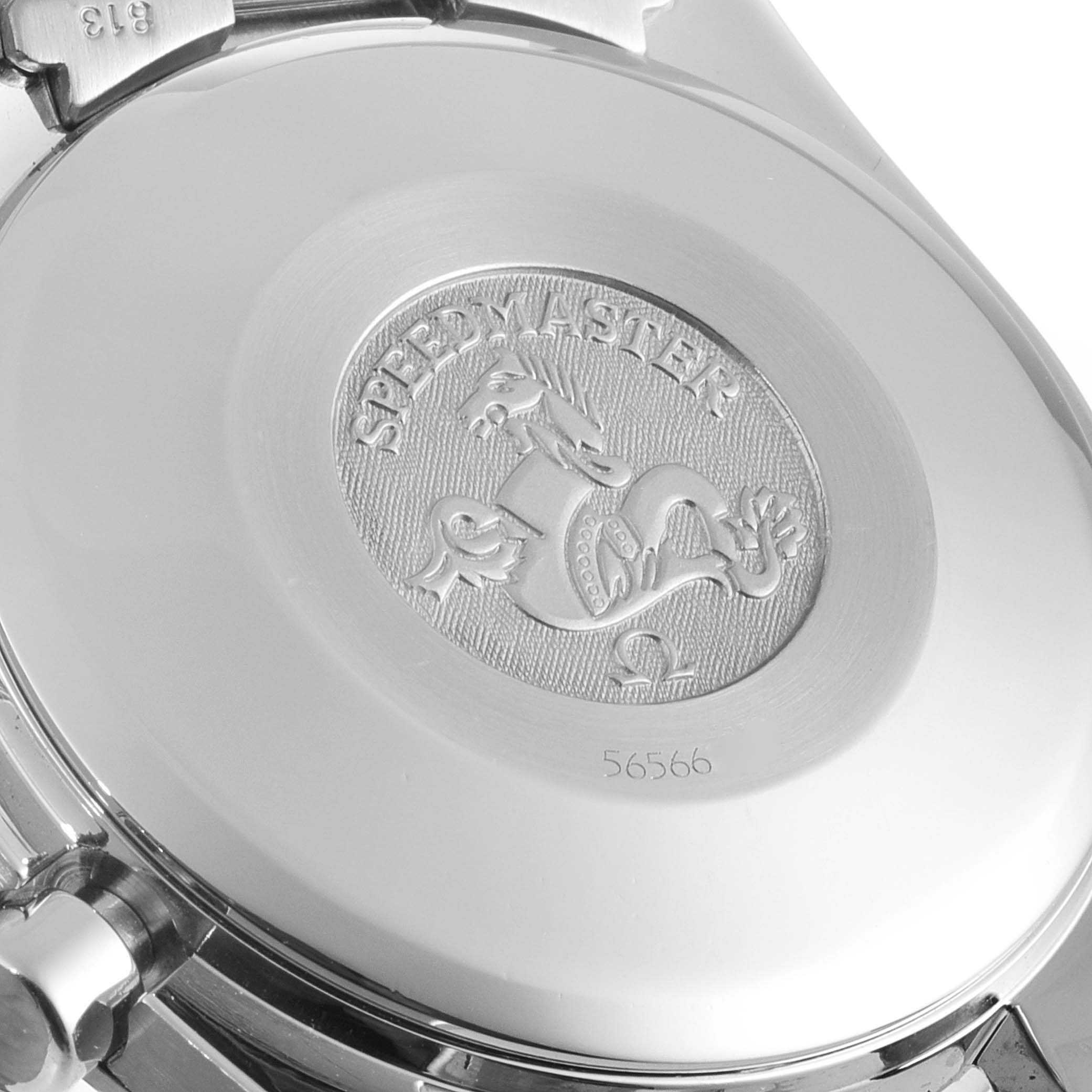 This image shows the case back of an Omega Speedmaster 3521.80.00 Men
s Stainless Steel Blue Dial 3521.80.00 Men
s Stainless Steel Blue Dial watch, featuring its embossed logo and serial number.