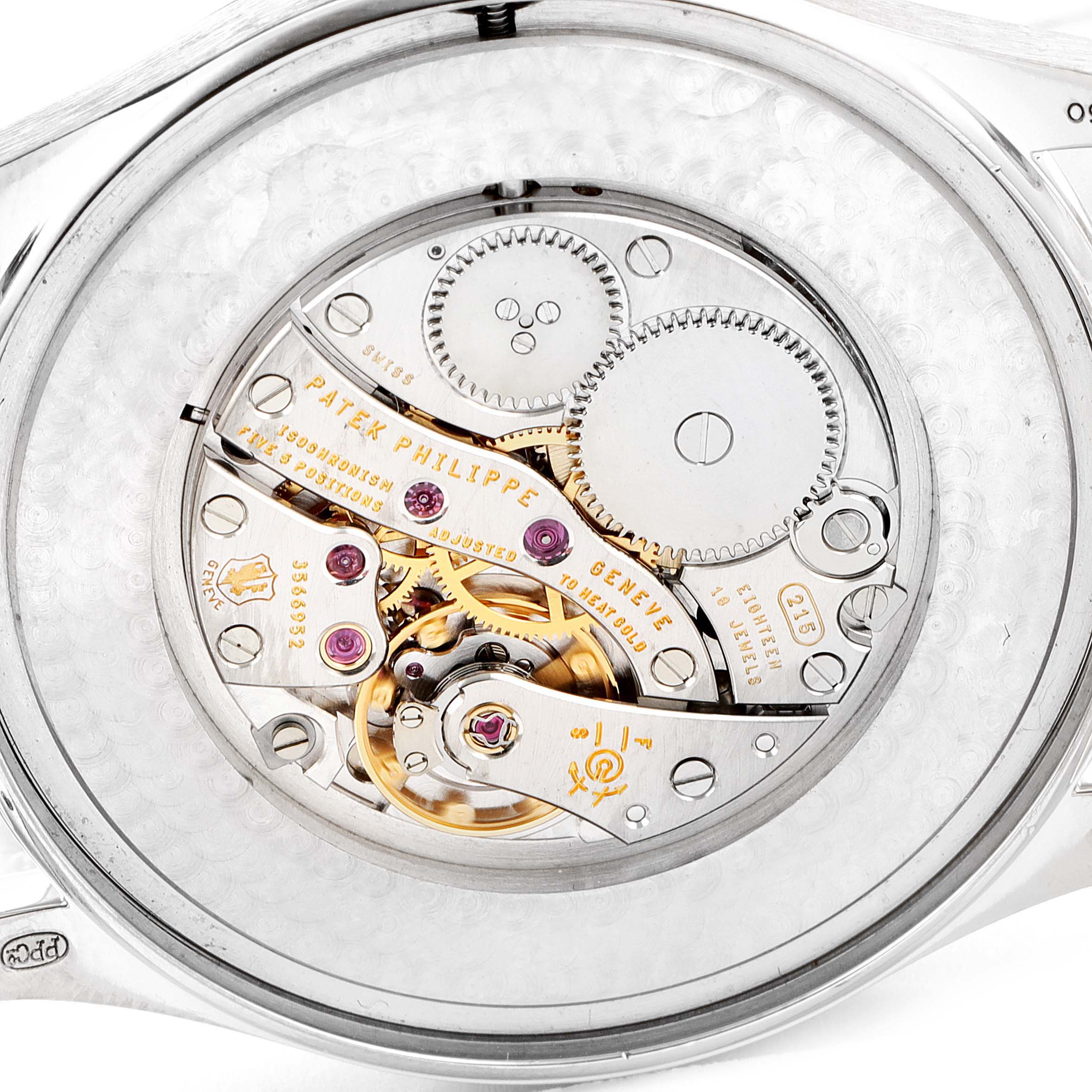 This image shows a close-up of the movement of a Patek Philippe Calatrava 5196G Men's White Gold Silver Dial 5196G Men's White Gold Silver Dial watch from the back.