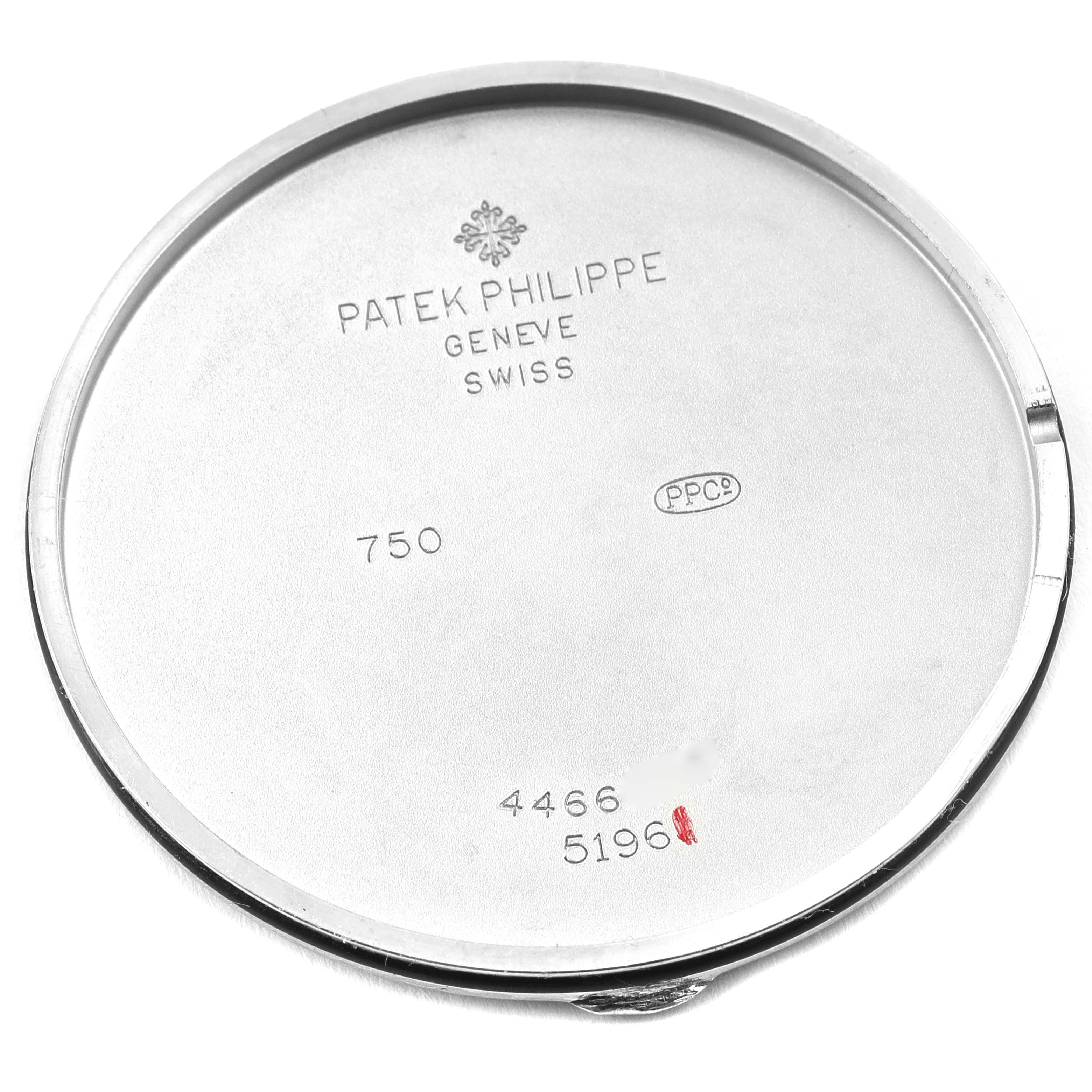 This image shows the back cover of a Patek Philippe Calatrava 5196G Men's White Gold Silver Dial 5196G Men's White Gold Silver Dial watch, emphasizing the engraved details.