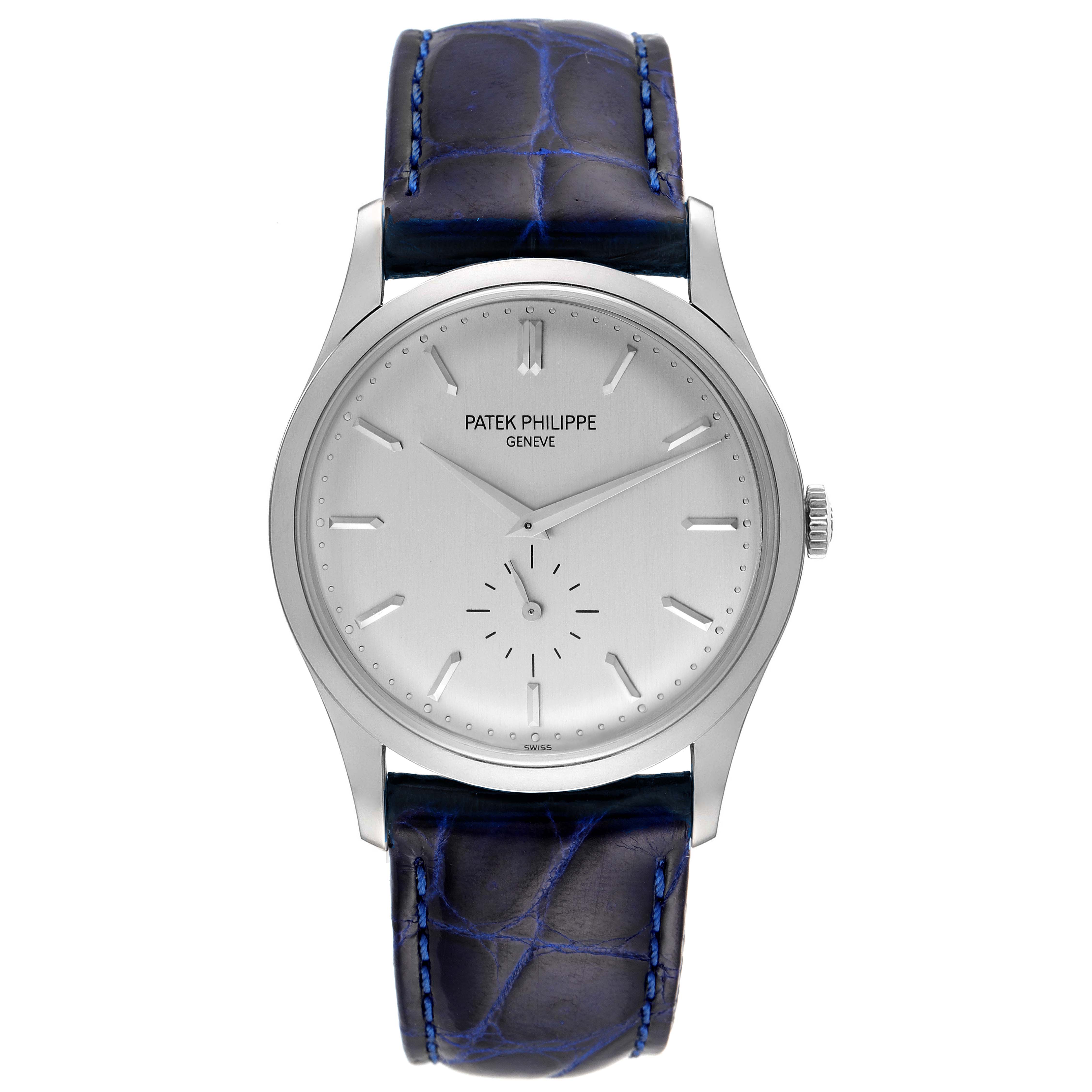 The image shows a front view of the Patek Philippe Calatrava 5196G Men's White Gold Silver Dial 5196G Men's White Gold Silver Dial watch, featuring its dial, hands, case, crown, and leather strap.