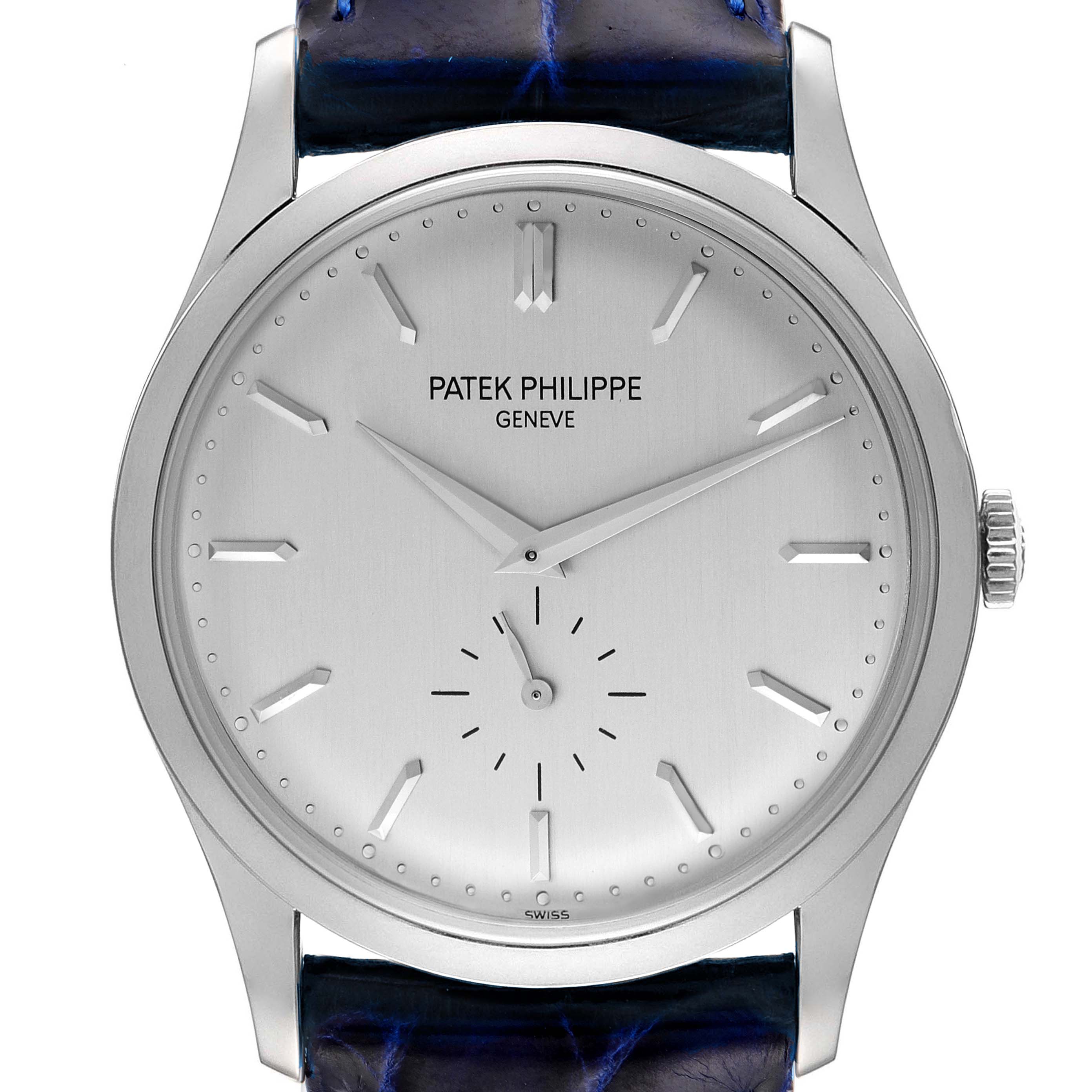 The image shows a front view of the Patek Philippe Calatrava 5196G Men's White Gold Silver Dial 5196G Men's White Gold Silver Dial watch, highlighting the dial, hands, and part of the strap.
