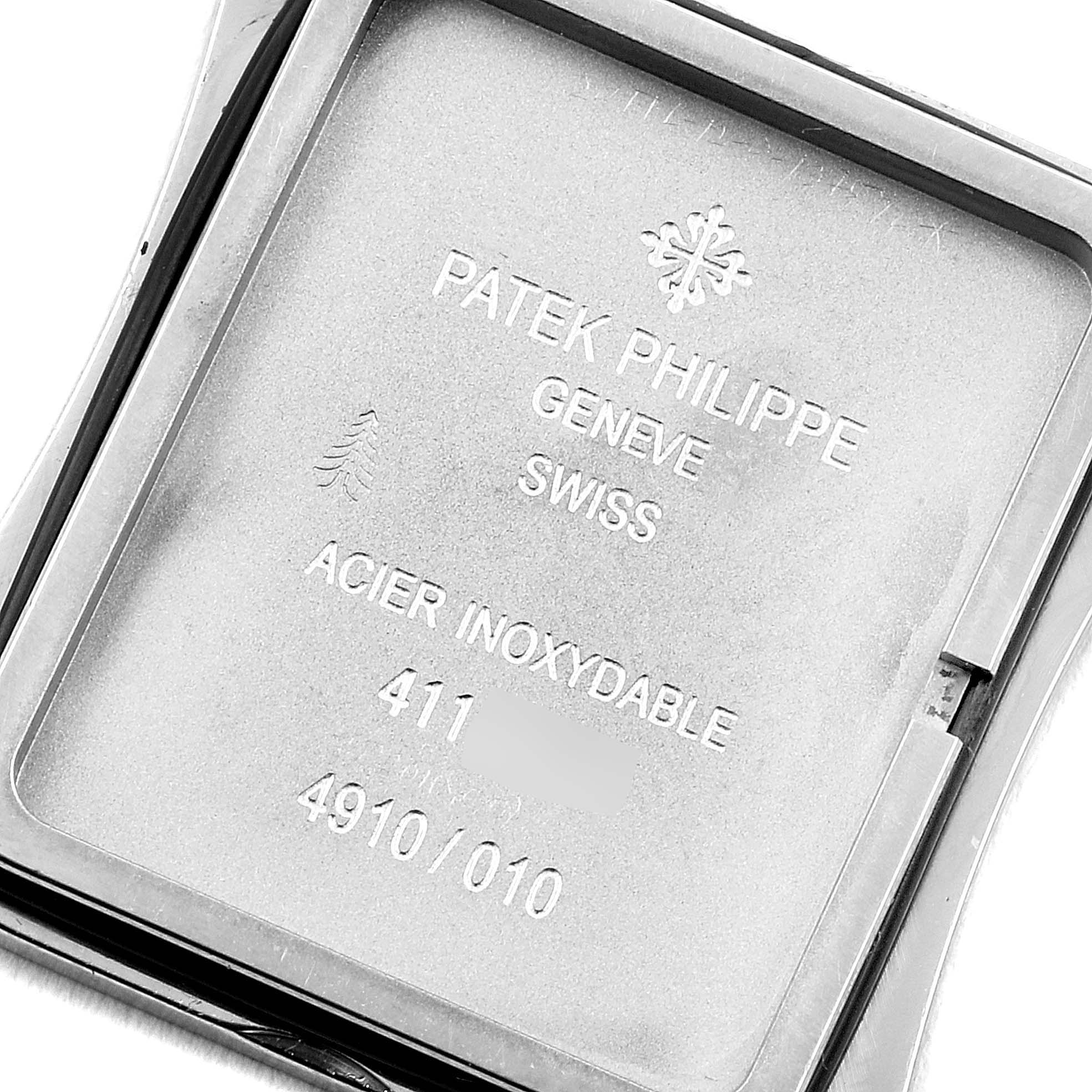 The image shows the back casing of a Patek Philippe Twenty-4 4910/10A-010 Women
s Stainless Steel Grey Dial 4910/10A-010 Women
s Stainless Steel Grey Dial watch, indicating model and material details.