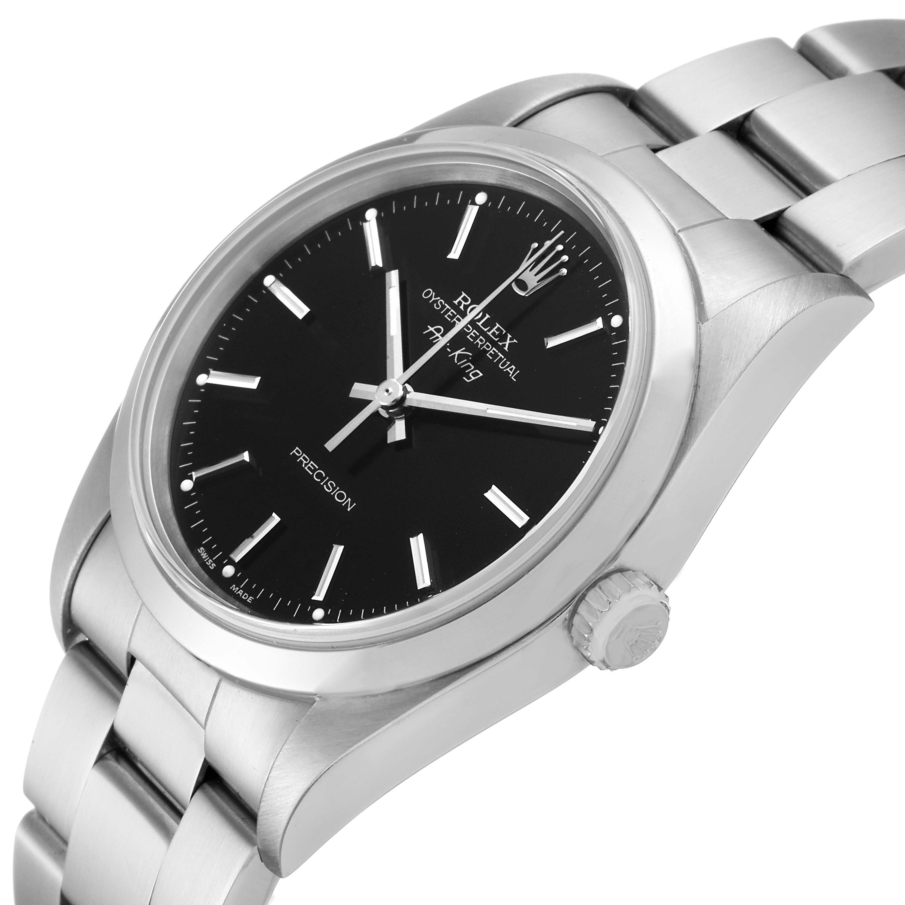 The image shows a close-up angled view of the Rolex Air-King 14000 Men's Stainless Steel Black Dial 14000 Men's Stainless Steel Black Dial watch, highlighting its black dial, hands, crown, and stainless steel bracelet.