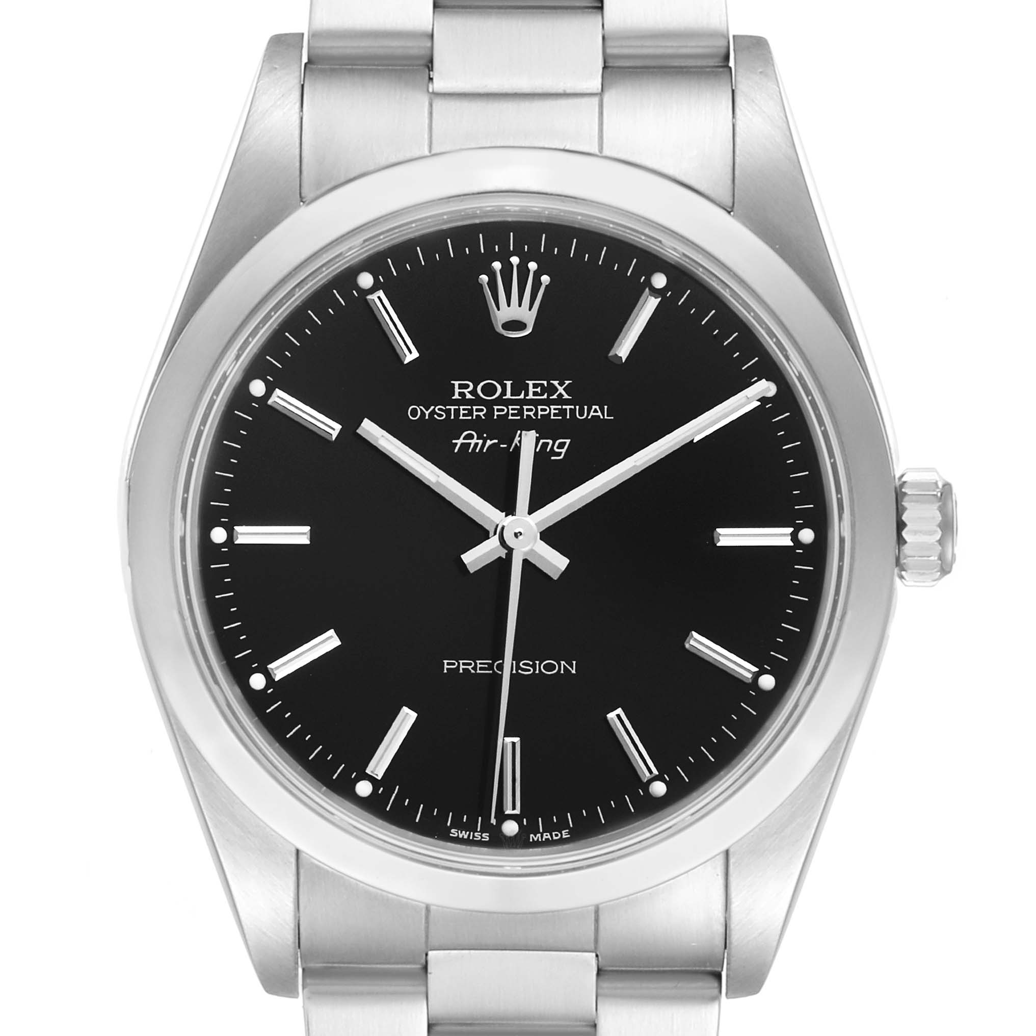 Front view of the Rolex Air-King 14000 Men's Stainless Steel Black Dial 14000 Men's Stainless Steel Black Dial watch, showing the dial, hands, crown, and part of the bracelet.
