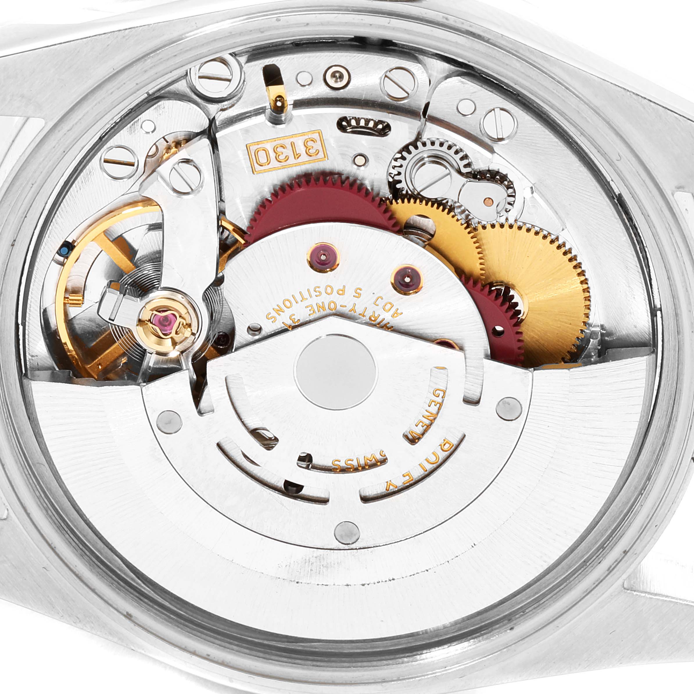 The image shows the internal mechanism of a Rolex Air-King 14000 Men's Stainless Steel Black Dial 14000 Men's Stainless Steel Black Dial watch, highlighting its intricate gears and components.