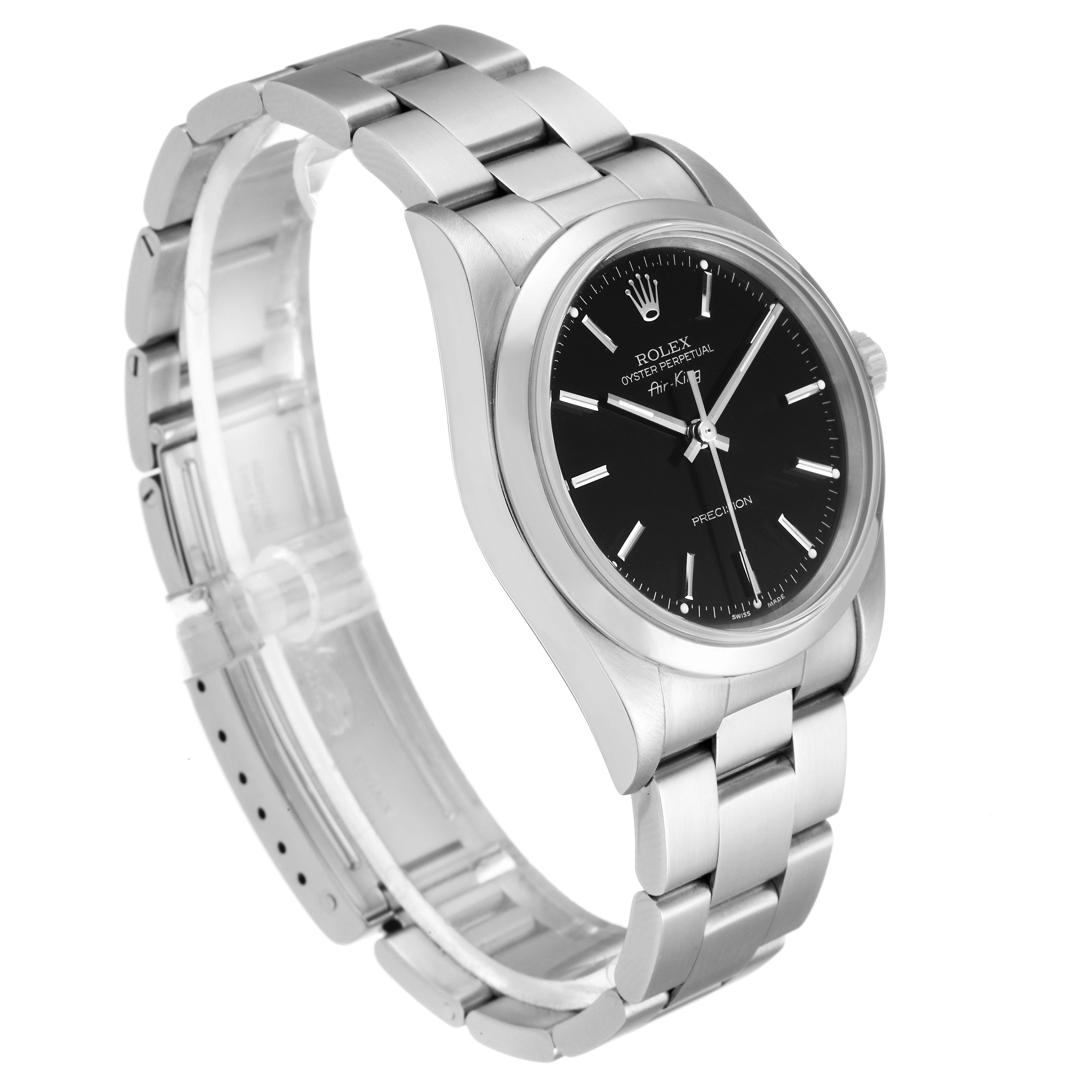 The image shows a Rolex Air-King 14000 Men's Stainless Steel Black Dial 14000 Men's Stainless Steel Black Dial watch at a three-quarter angle highlighting its face, bezel, and stainless steel bracelet.