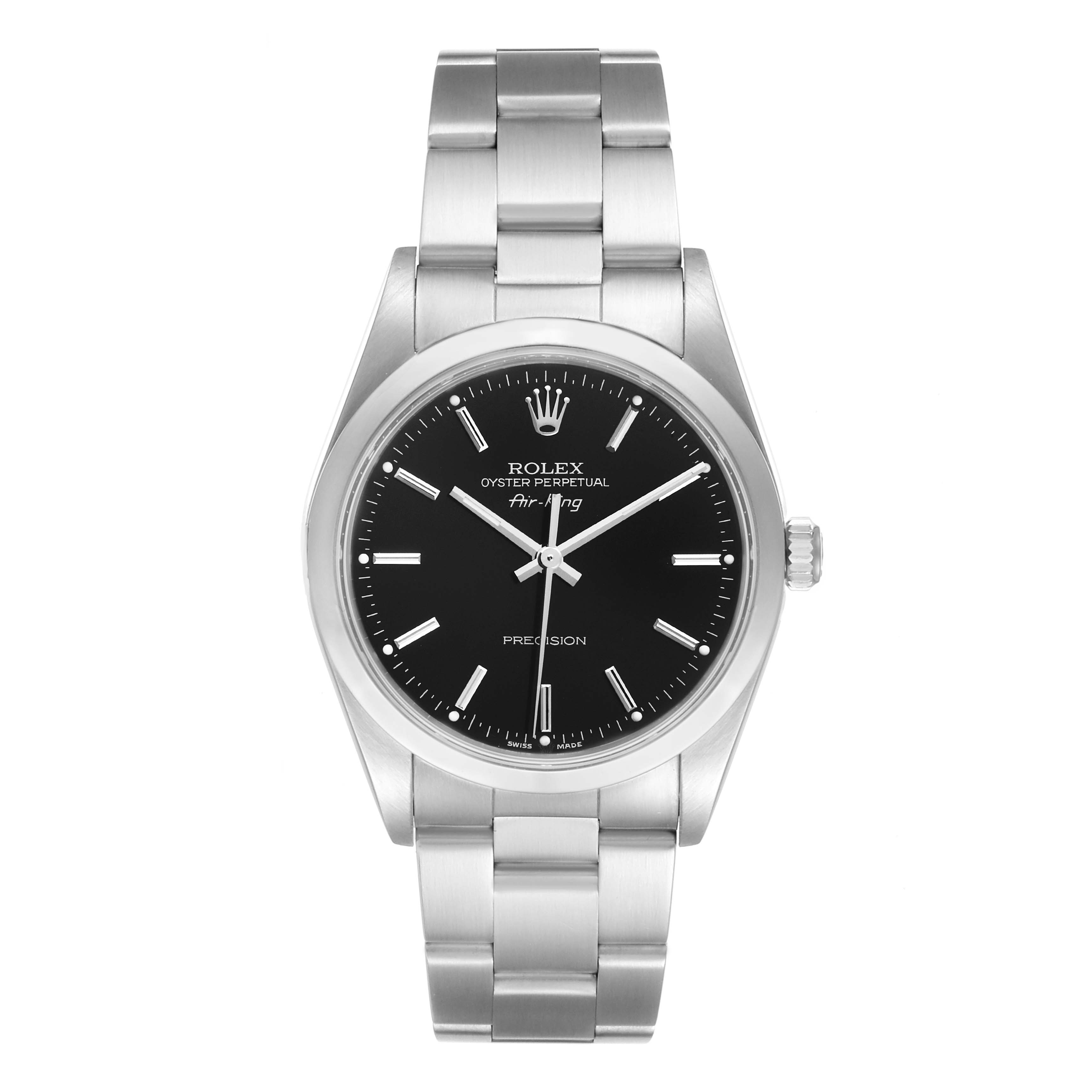 The Rolex Air-King 14000 Men's Stainless Steel Black Dial 14000 Men's Stainless Steel Black Dial watch is shown from a top-down angle, displaying the dial, hands, crown, and bracelet.