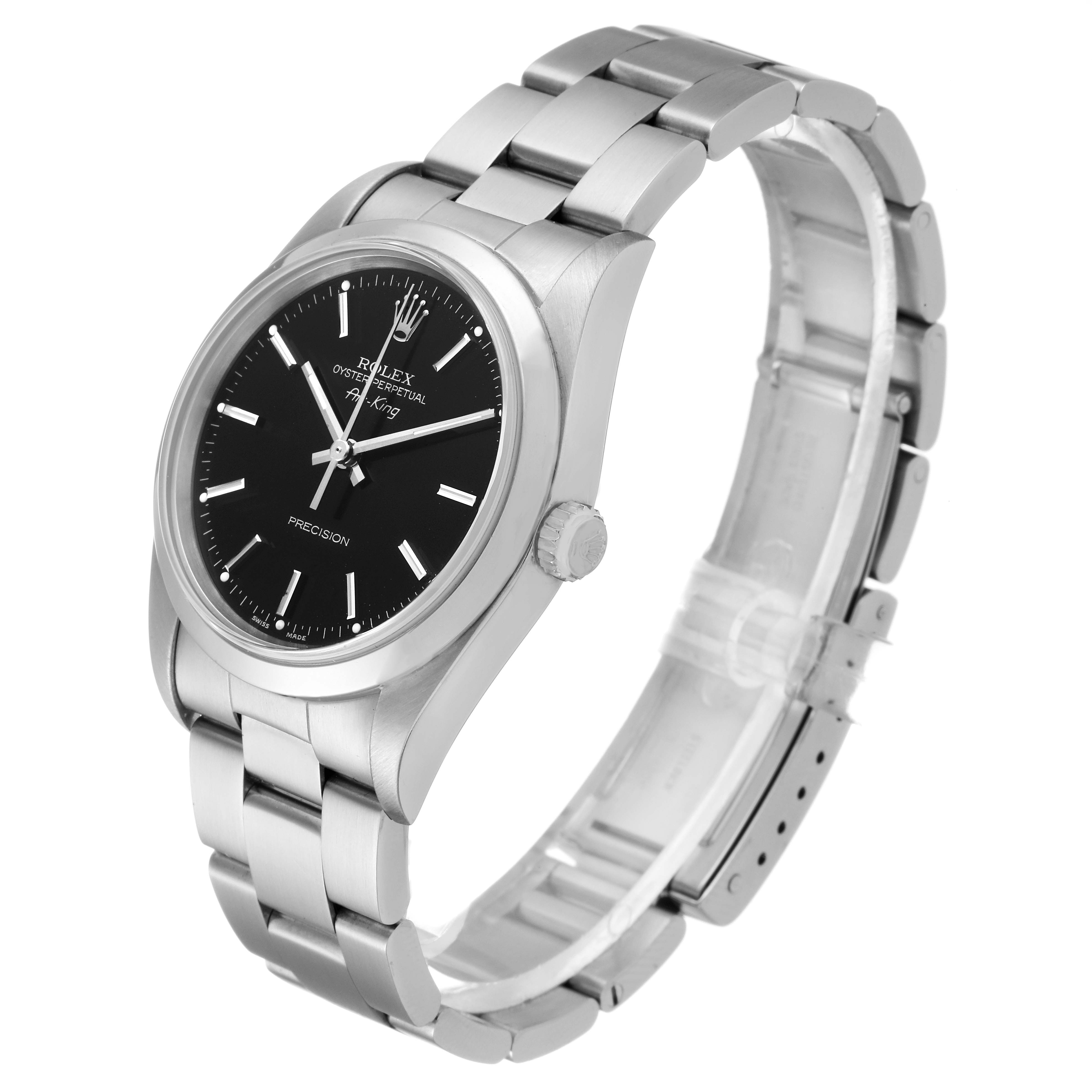 The image shows a Rolex Air-King 14000 Men's Stainless Steel Black Dial 14000 Men's Stainless Steel Black Dial watch from a three-quarter angle, highlighting the black dial, stainless steel case, and bracelet.