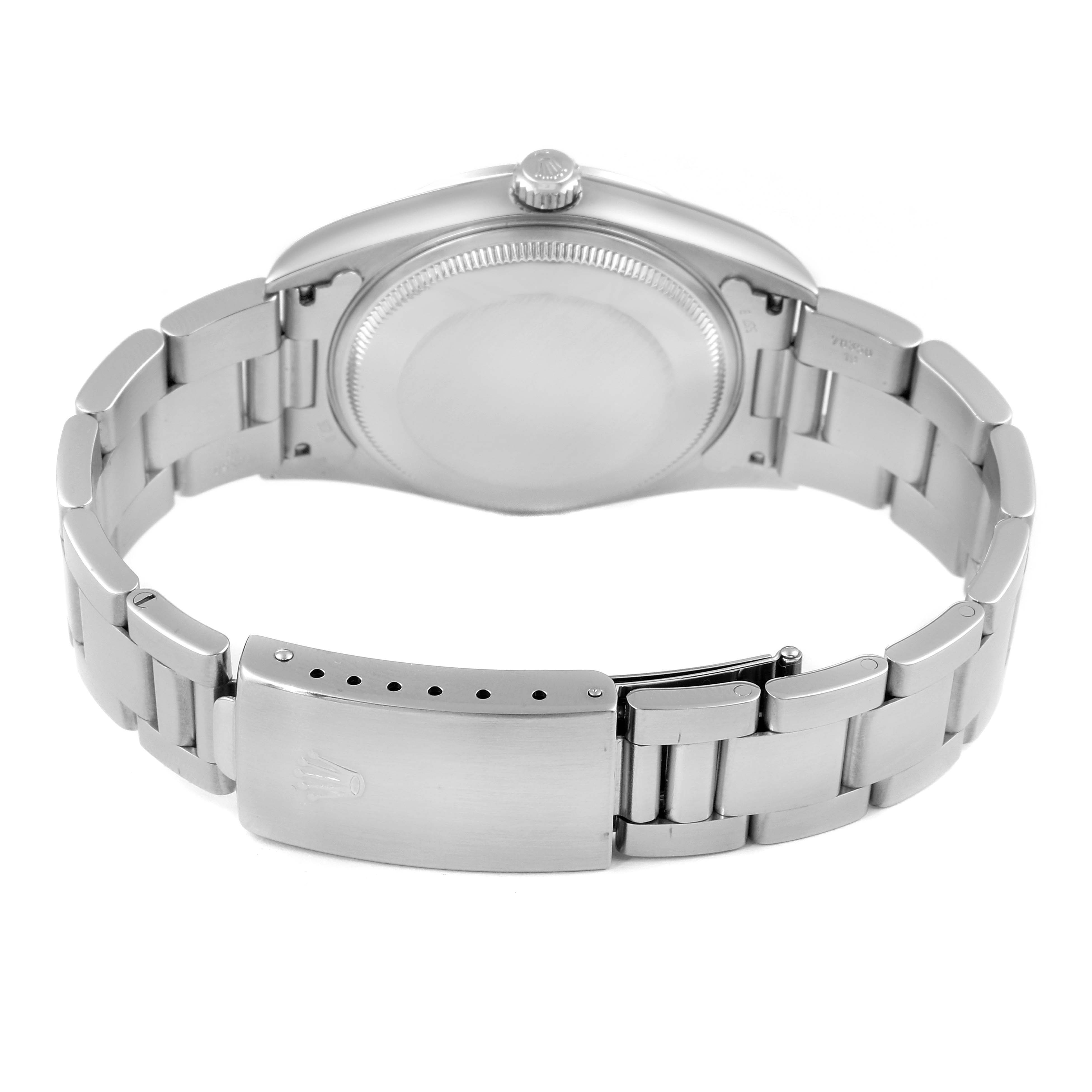 This image shows the back view of a Rolex Air-King 14000 Men's Stainless Steel Black Dial 14000 Men's Stainless Steel Black Dial watch, focusing on the case back, bracelet, and clasp.