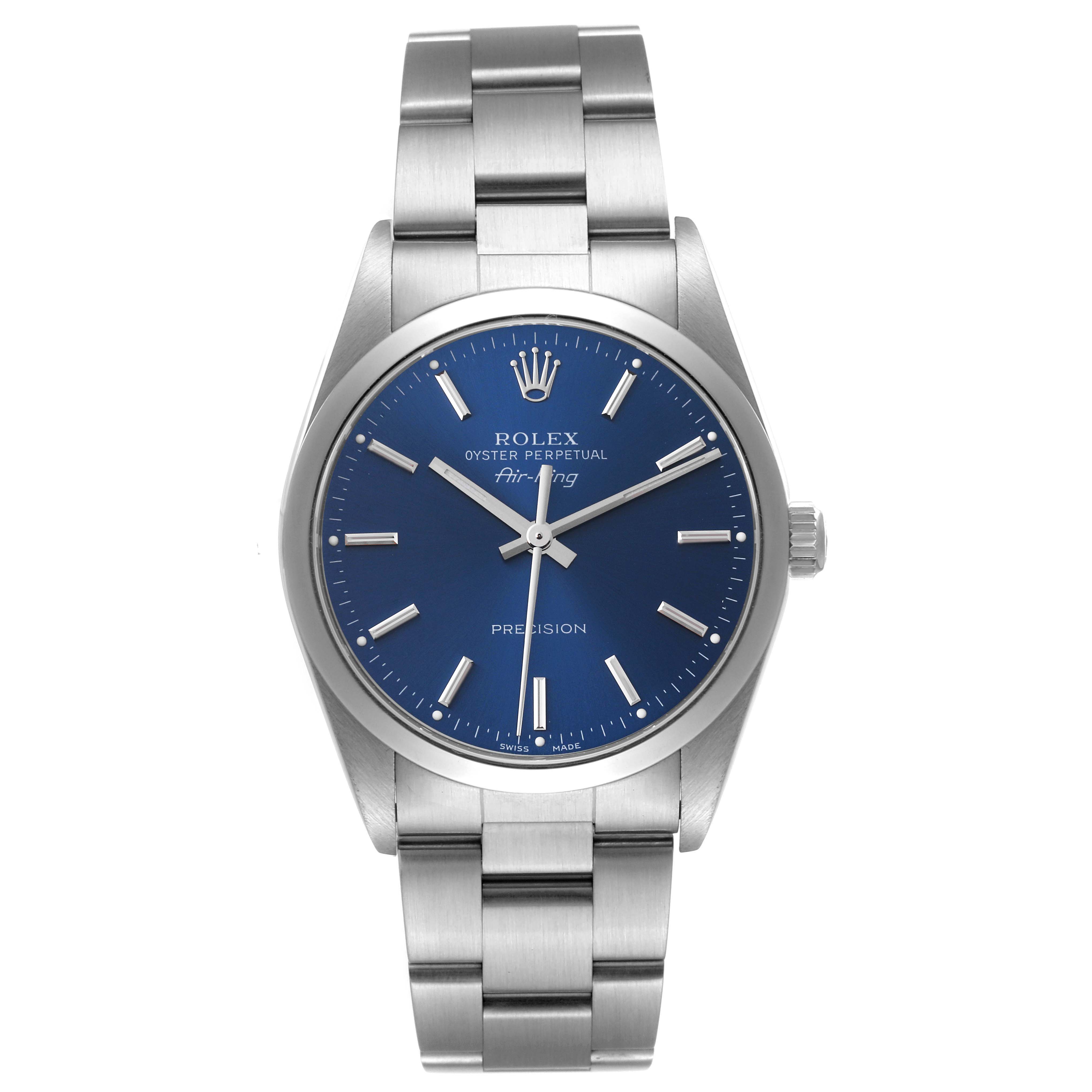 This image shows a front view of a Rolex Air-King 14000 Men's Stainless Steel Blue Dial 14000 Men's Stainless Steel Blue Dial watch, displaying its blue dial, steel bracelet, and crown logo.
