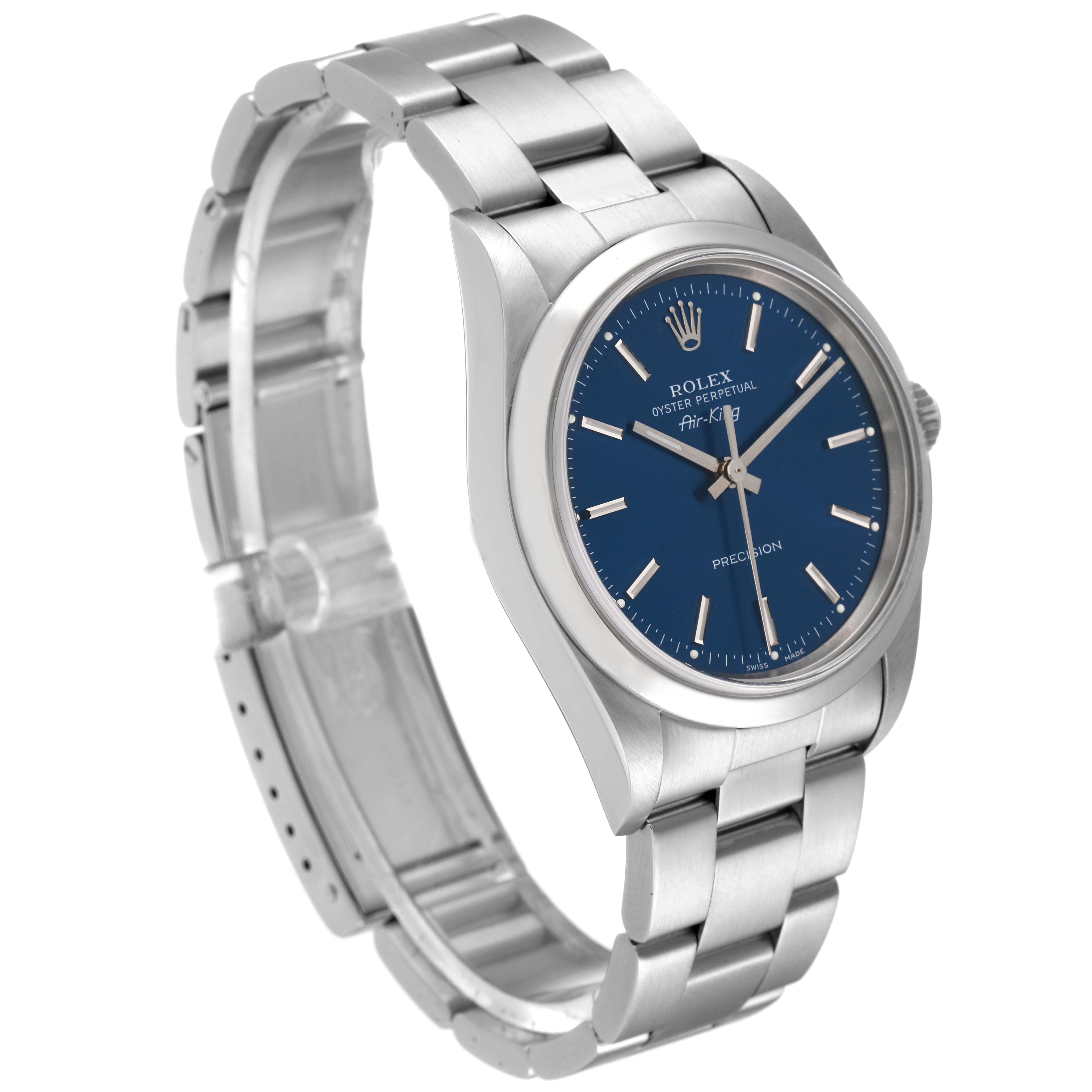 The Rolex Air-King 14000 Men's Stainless Steel Blue Dial 14000 Men's Stainless Steel Blue Dial watch is shown from a side angle featuring the face, bezel, bracelet, and clasp.