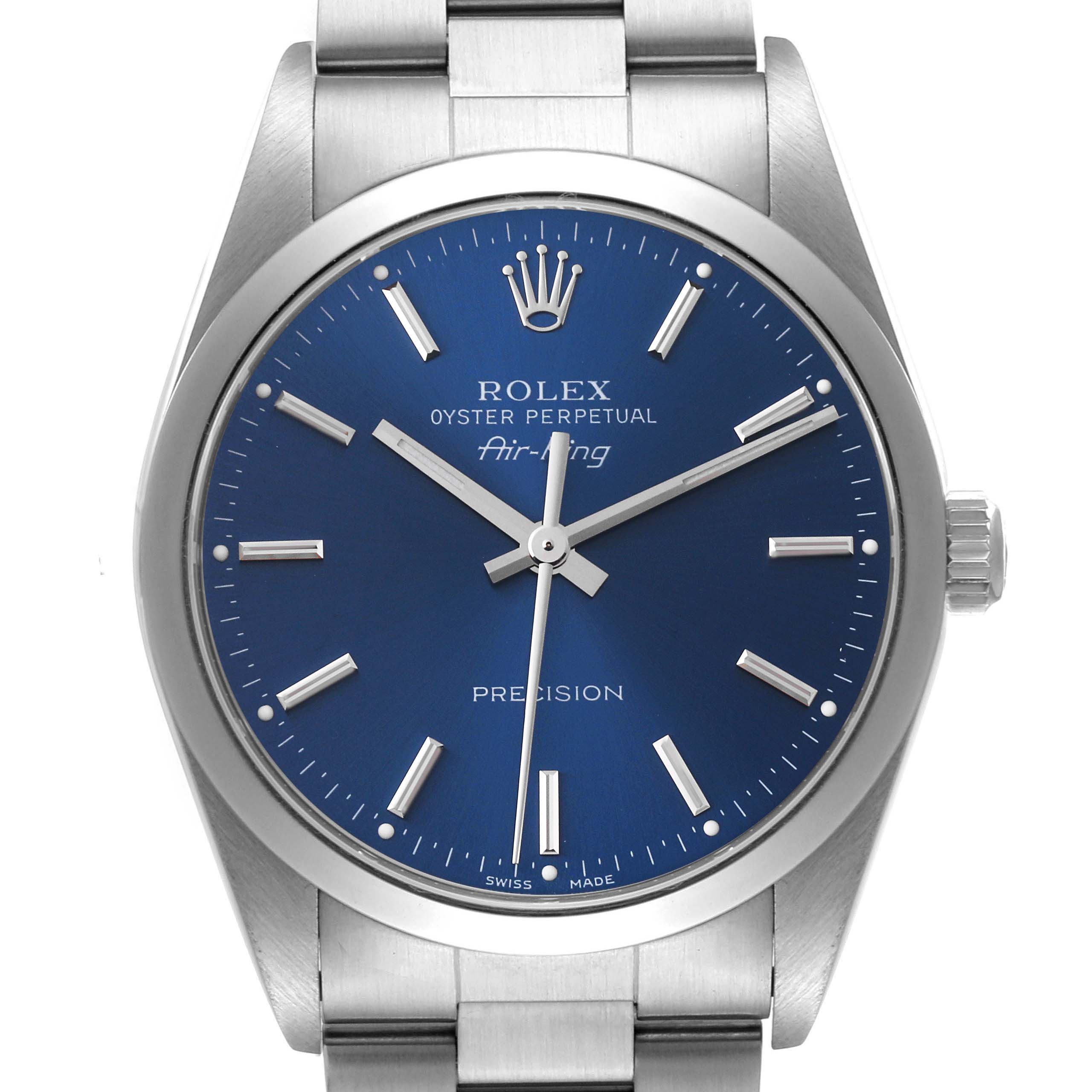 This image shows a front view of the Rolex Air-King 14000 Men's Stainless Steel Blue Dial 14000 Men's Stainless Steel Blue Dial watch, displaying its blue dial, hour markers, hands, and part of the metal bracelet.