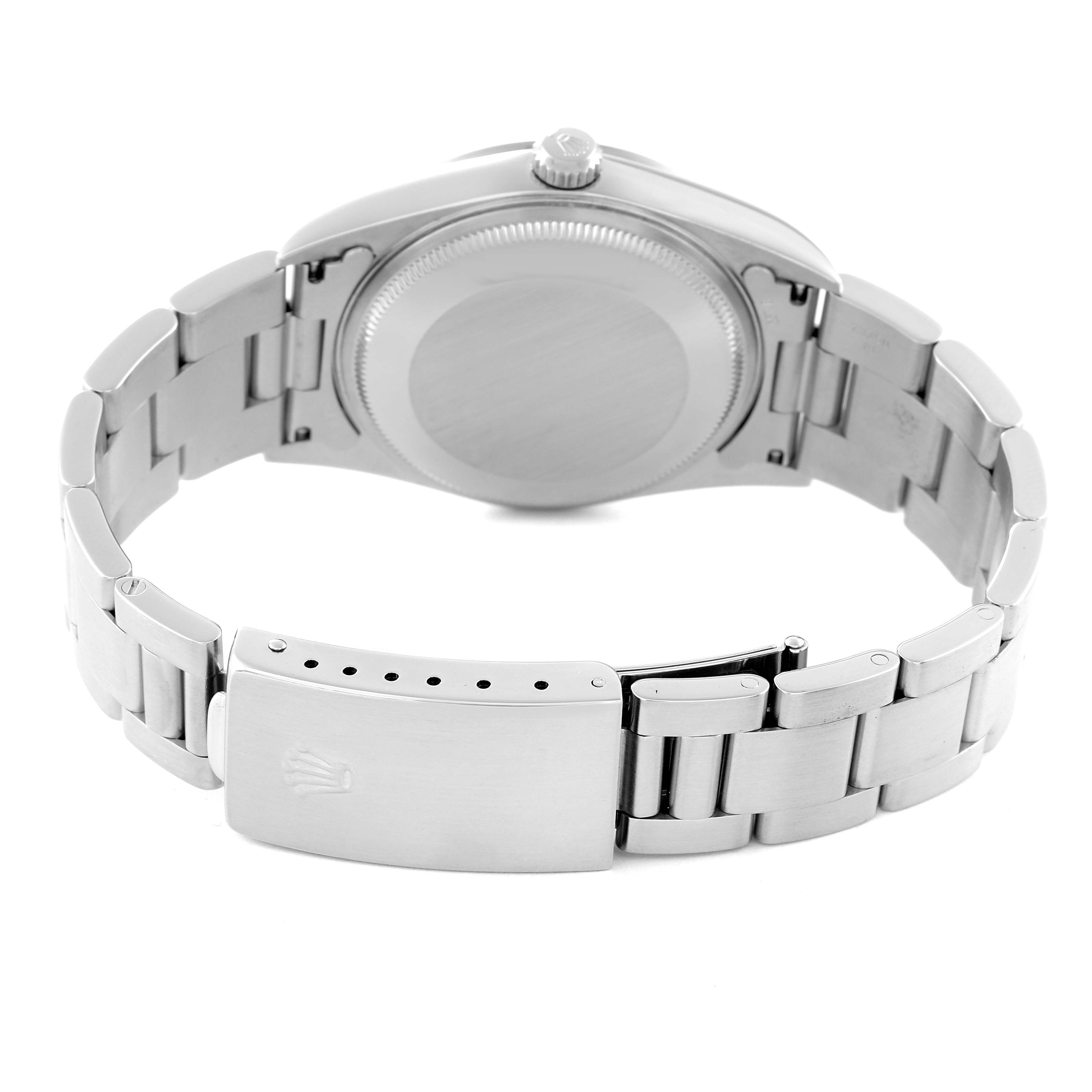 This image shows the back case, crown, and metallic bracelet of a Rolex Air-King 14000 Men's Stainless Steel Blue Dial 14000 Men's Stainless Steel Blue Dial watch.