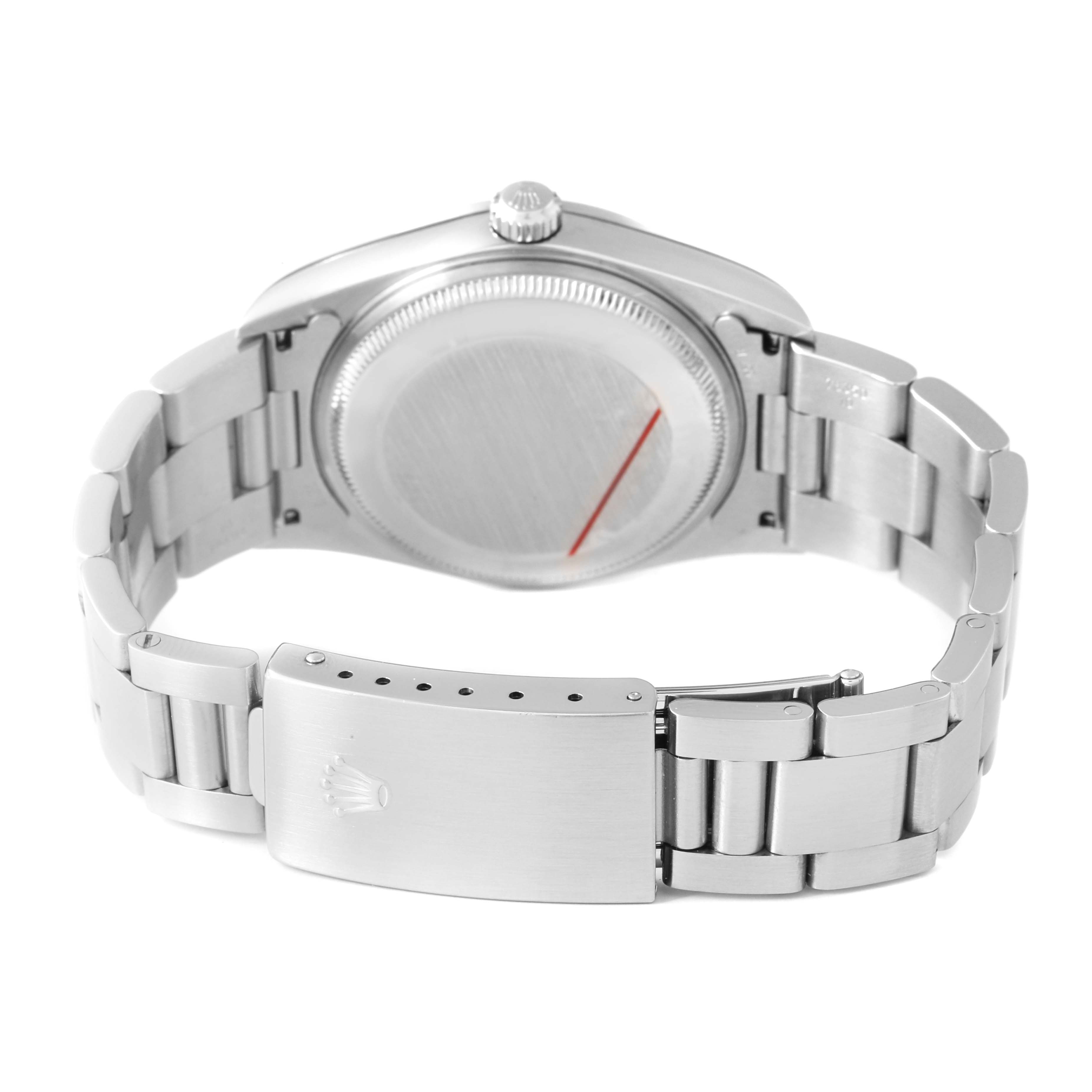 The image shows the back view of a Rolex Air-King 14000 Men's Stainless Steel Blue Dial, highlighting the case back, bracelet, and clasp.