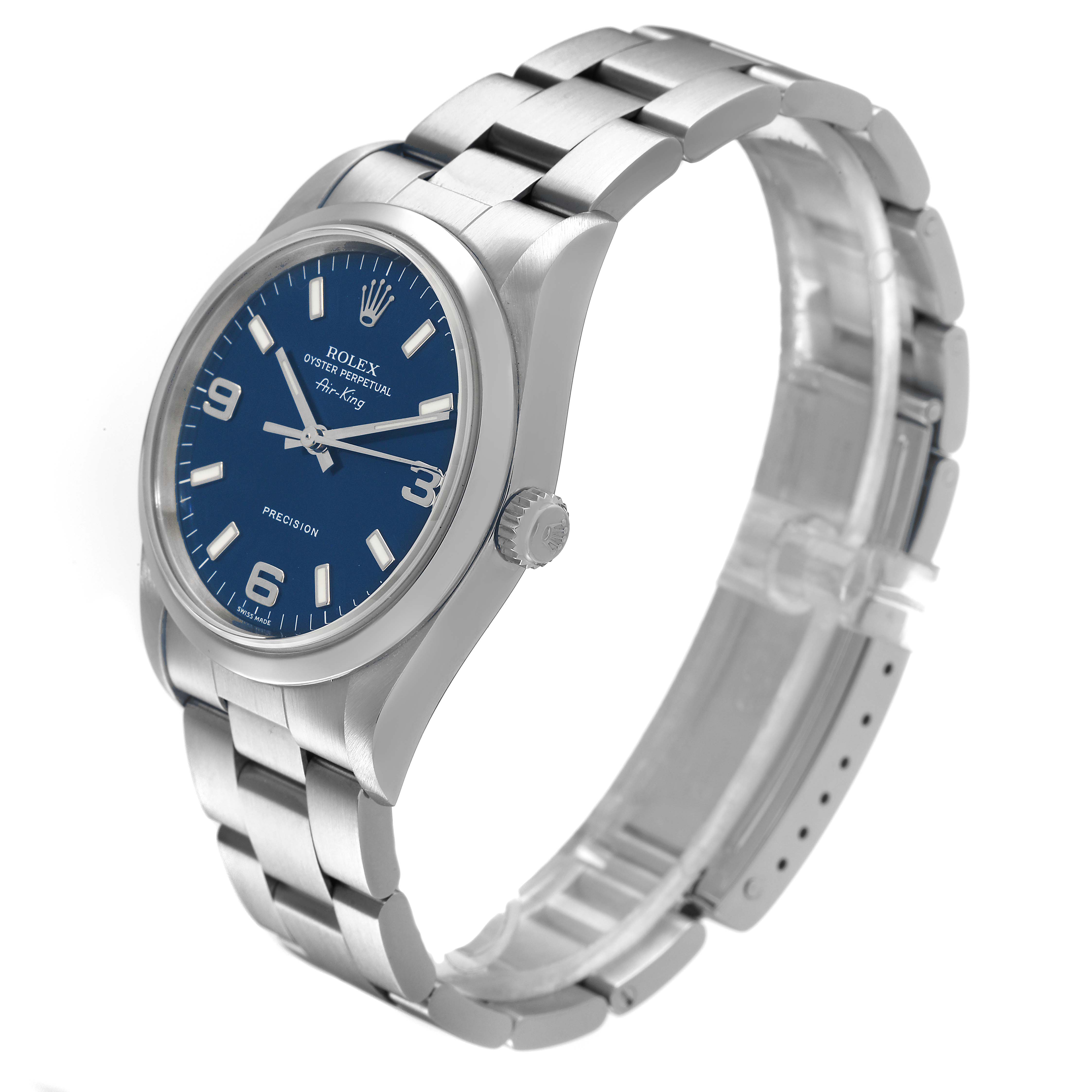 The Rolex Air-King 14000 Men's Stainless Steel Blue Dial watch is shown at a slight angle, displaying the dial, bezel, crown, and part of the bracelet.