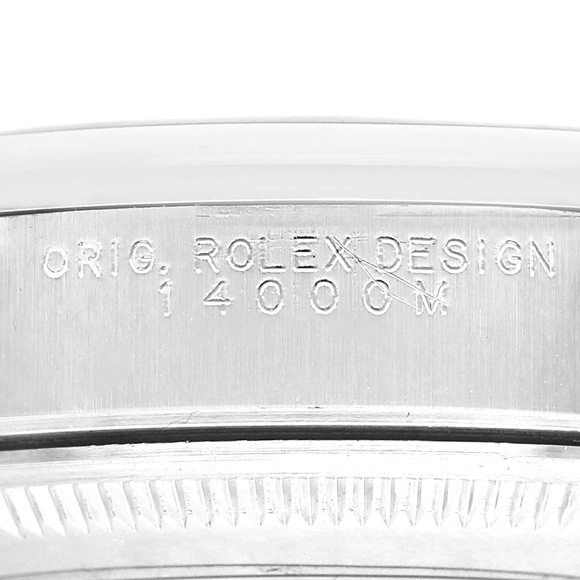 The image shows a close-up of the side of a Rolex Air-King 14000 Men's Stainless Steel Blue Dial watch case, highlighting the engraved design and model number.