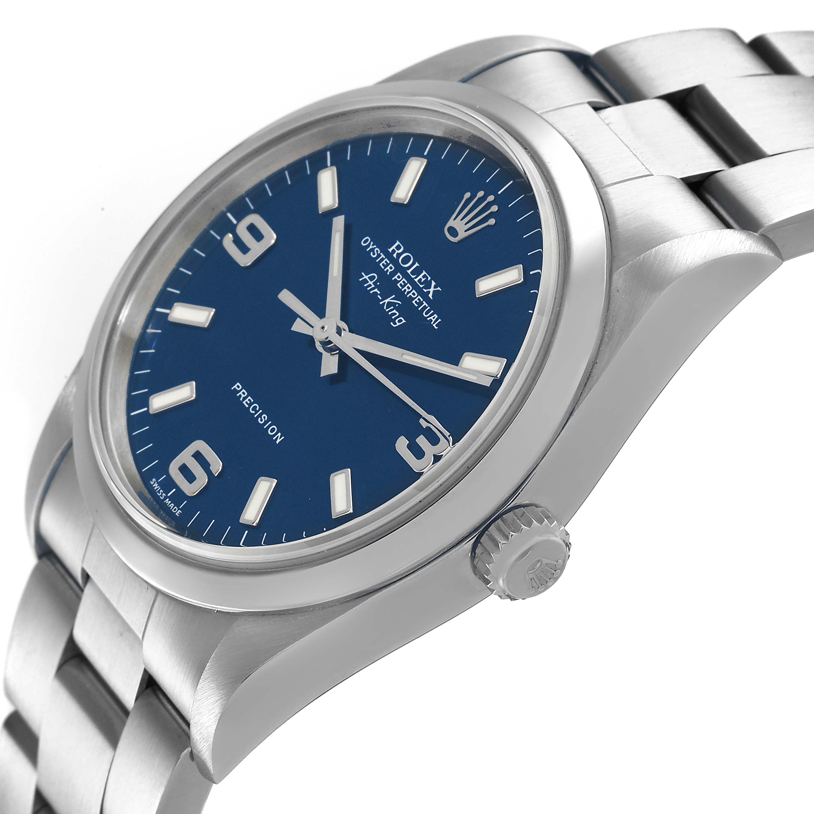 The Rolex Air-King 14000 Men's Stainless Steel Blue Dial watch is shown at a three-quarter angle, highlighting the blue dial, crown, and stainless steel bracelet.