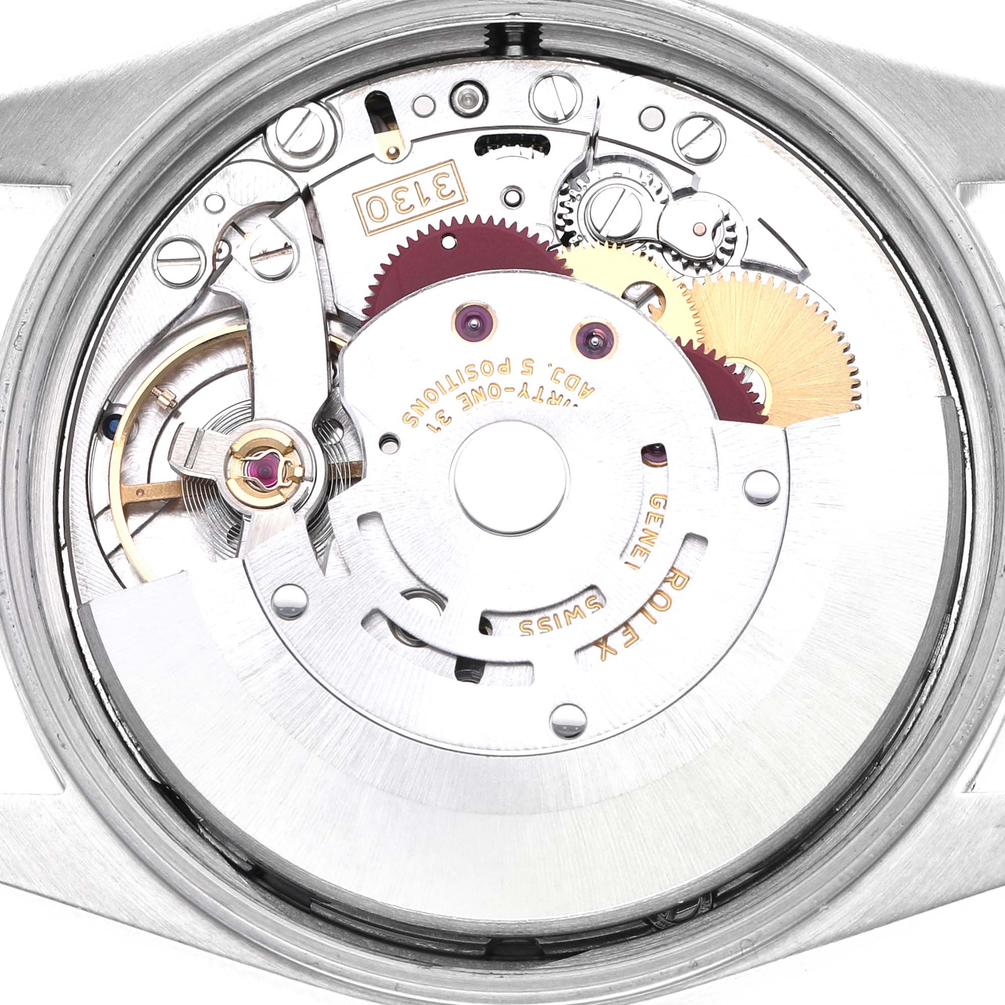 The image shows a detailed view of the Rolex Air-King 14000 Men's Stainless Steel Blue Dial's movement, displaying gears and mechanical components from the back.