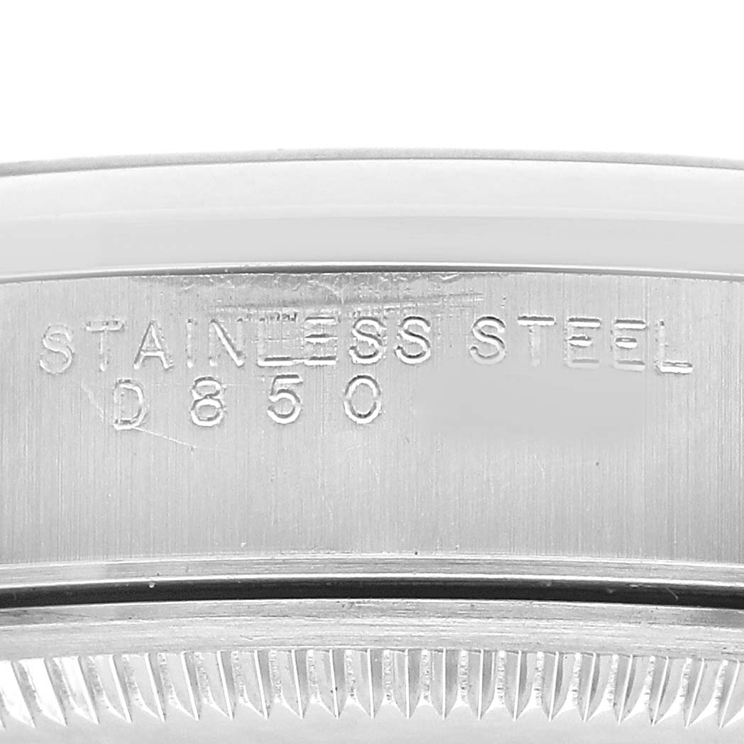 The image shows a close-up of the case side of a Rolex Air-King 14000 Men's Stainless Steel Blue Dial, highlighting the stainless steel engraving.
