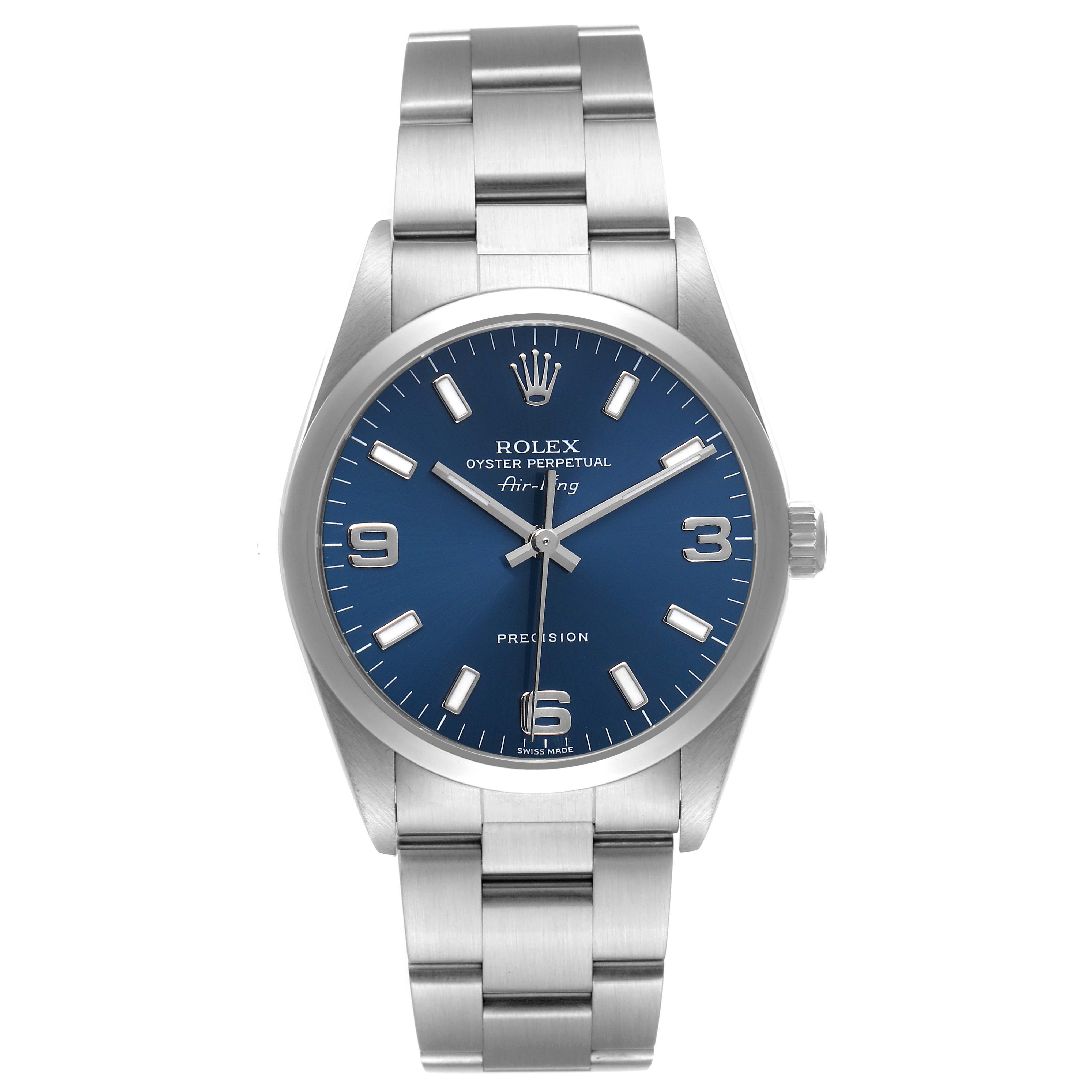 The Rolex Air-King 14000 Men's Stainless Steel Blue Dial watch is shown from the front, highlighting its dial, hands, crown, and bracelet.