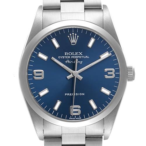 The Rolex Air-King 14000 Men's Stainless Steel Blue Dial watch is shown from a frontal angle, displaying its blue dial, hands, indices, and part of the bracelet.