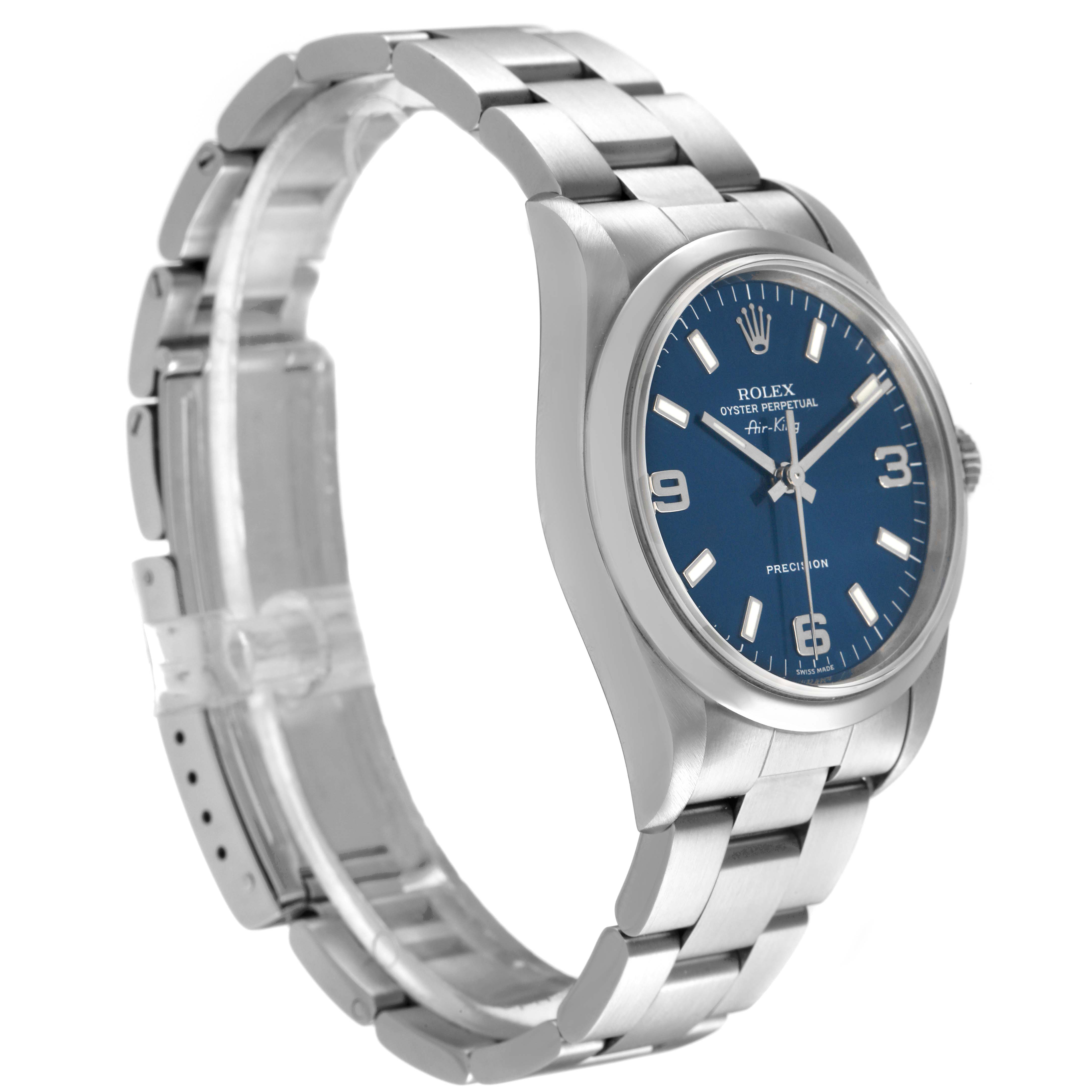 The Rolex Air-King 14000 Men's Stainless Steel Blue Dial watch is shown at a side angle, highlighting the face, bezel, case, and bracelet.