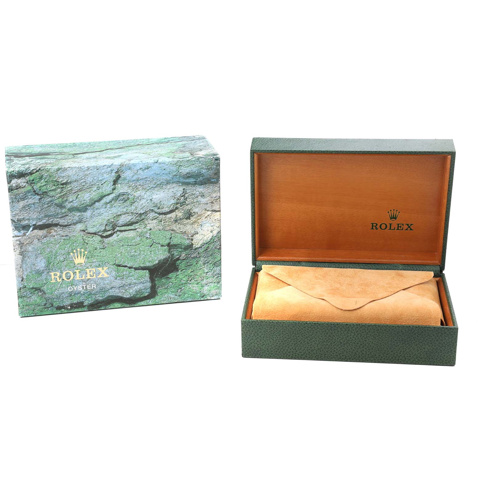 The image shows an open Rolex Air-King 14000 Men's Stainless Steel Blue Dial box with a protective pouch inside, alongside its outer packaging.