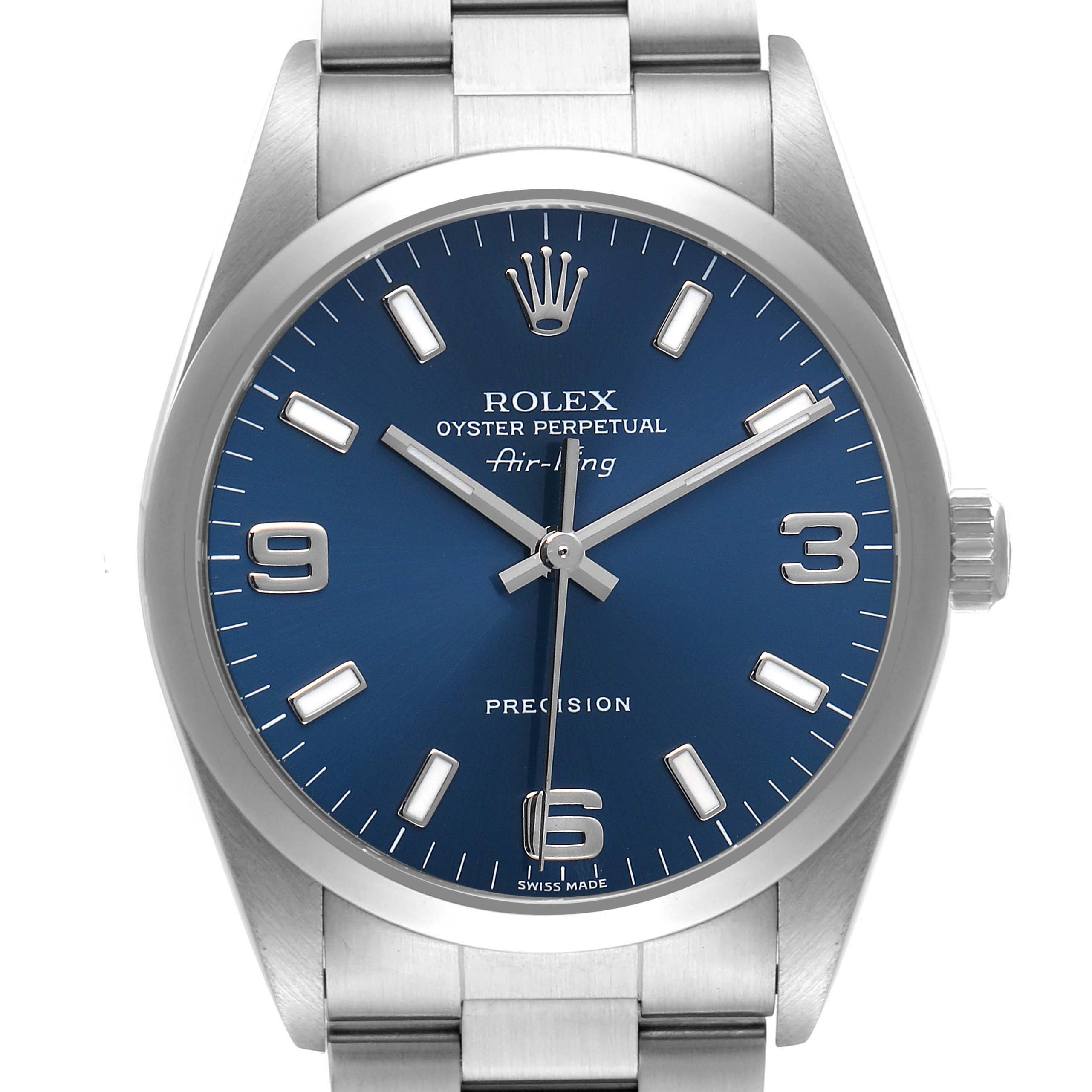 The Rolex Air-King 14000 Men's Stainless Steel Blue Dial watch is shown from the front, highlighting the blue dial, hour markers, hands, and partial stainless steel bracelet.
