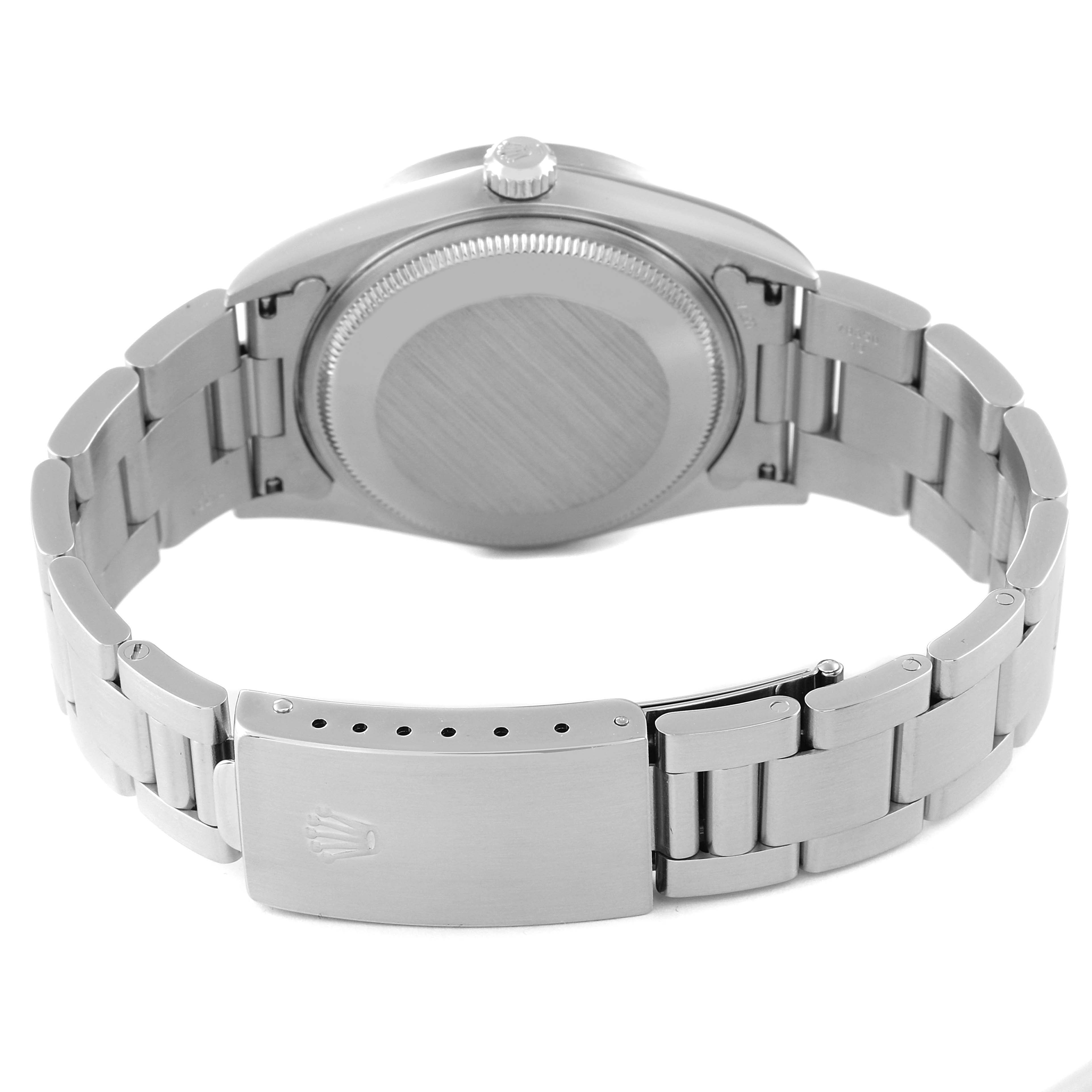 This image shows the back view of the Rolex Air-King 14010 Men's Stainless Steel Blue Dial 14010 Men's Stainless Steel Blue Dial watch, focusing on the case back and the bracelet with the clasp.