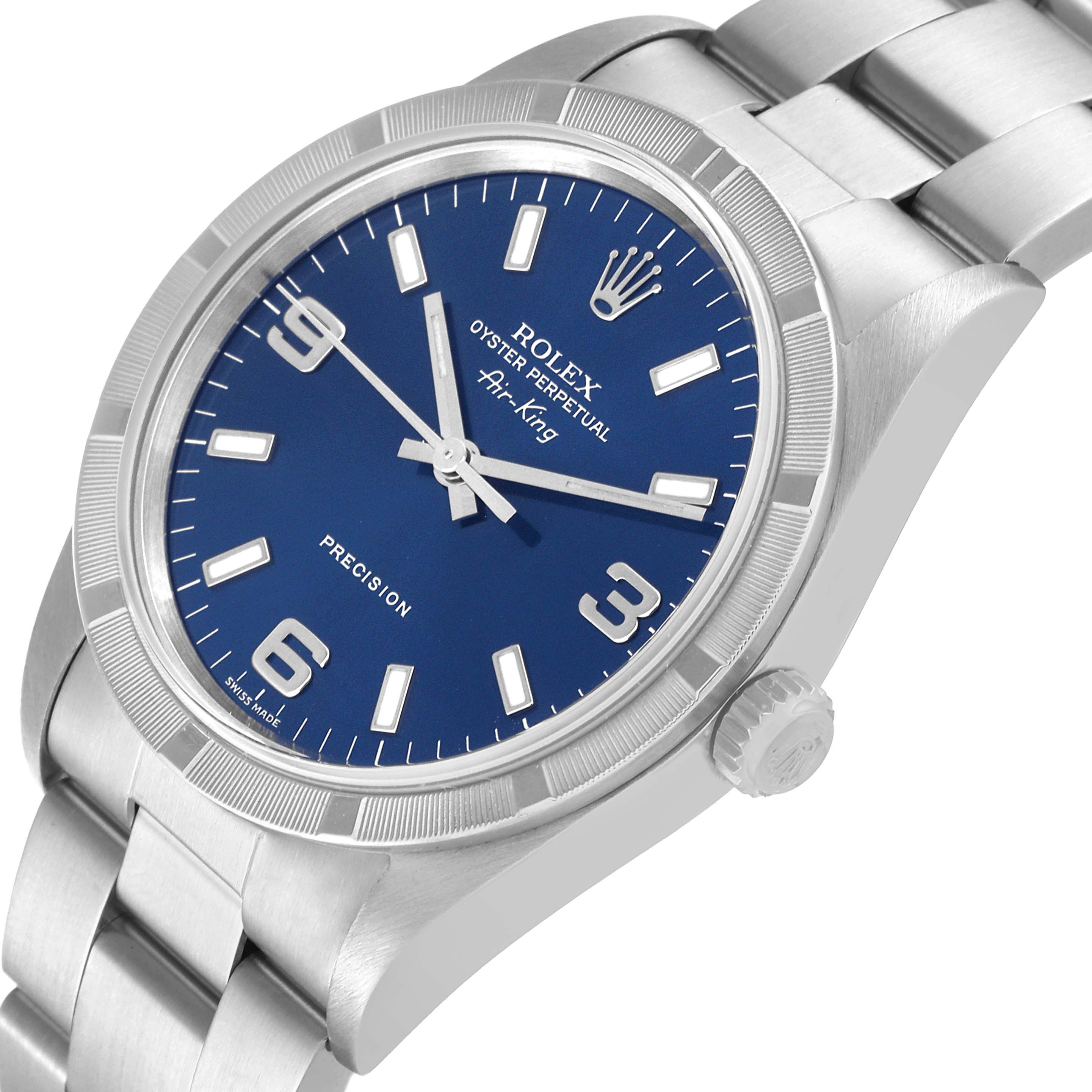 This image shows a Rolex Air-King 14010 Men's Stainless Steel Blue Dial 14010 Men's Stainless Steel Blue Dial watch at an oblique angle, highlighting the dial, bezel, crown, and bracelet.