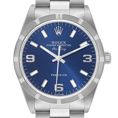 Photo of Rolex Air King 34mm Blue Dial Engine Turned Bezel Steel Mens Watch 14010 + 2 Extra Link