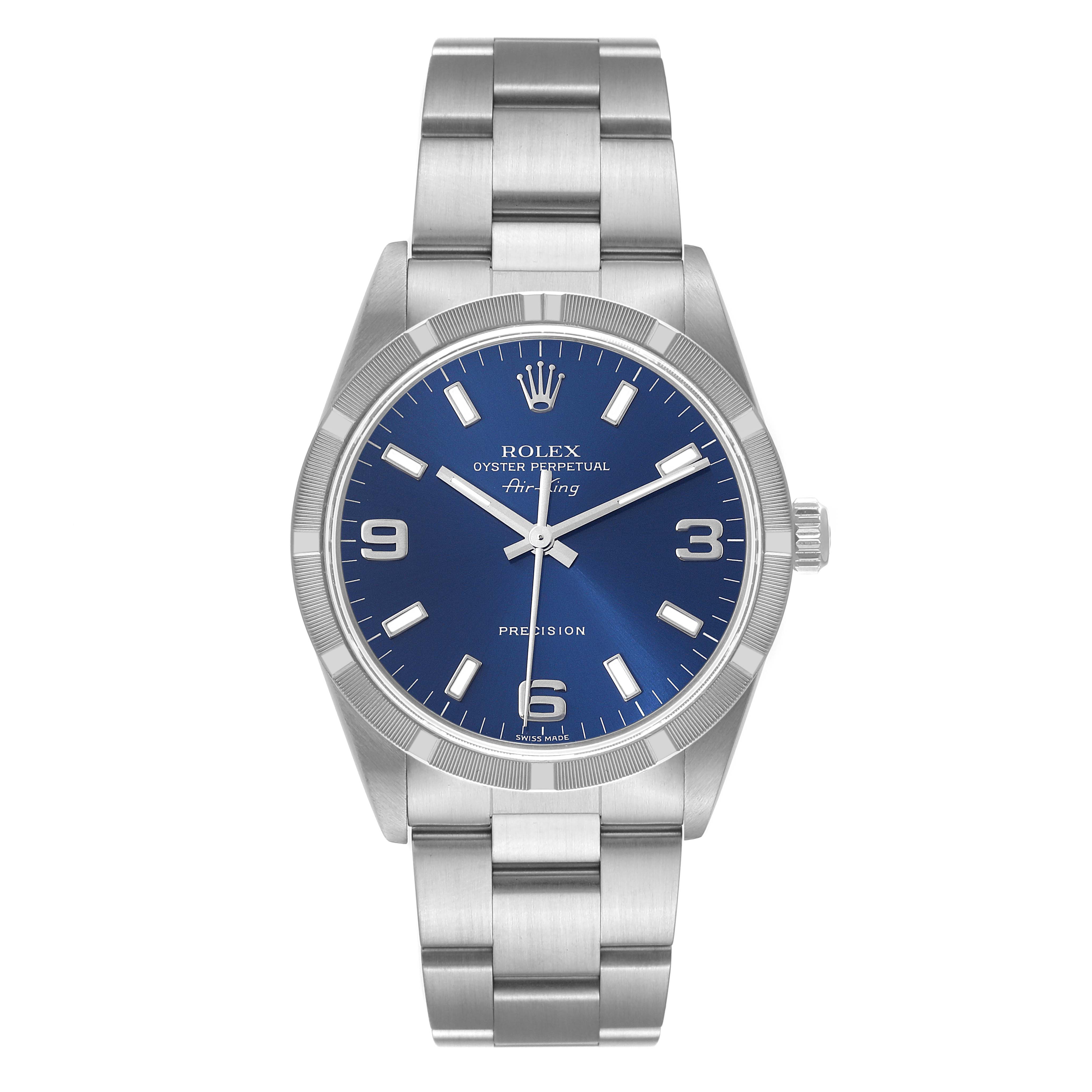 The image shows a front view of a Rolex Air-King 14010 Men's Stainless Steel Blue Dial 14010 Men's Stainless Steel Blue Dial watch, highlighting its blue dial, hour markers, and stainless steel bracelet.