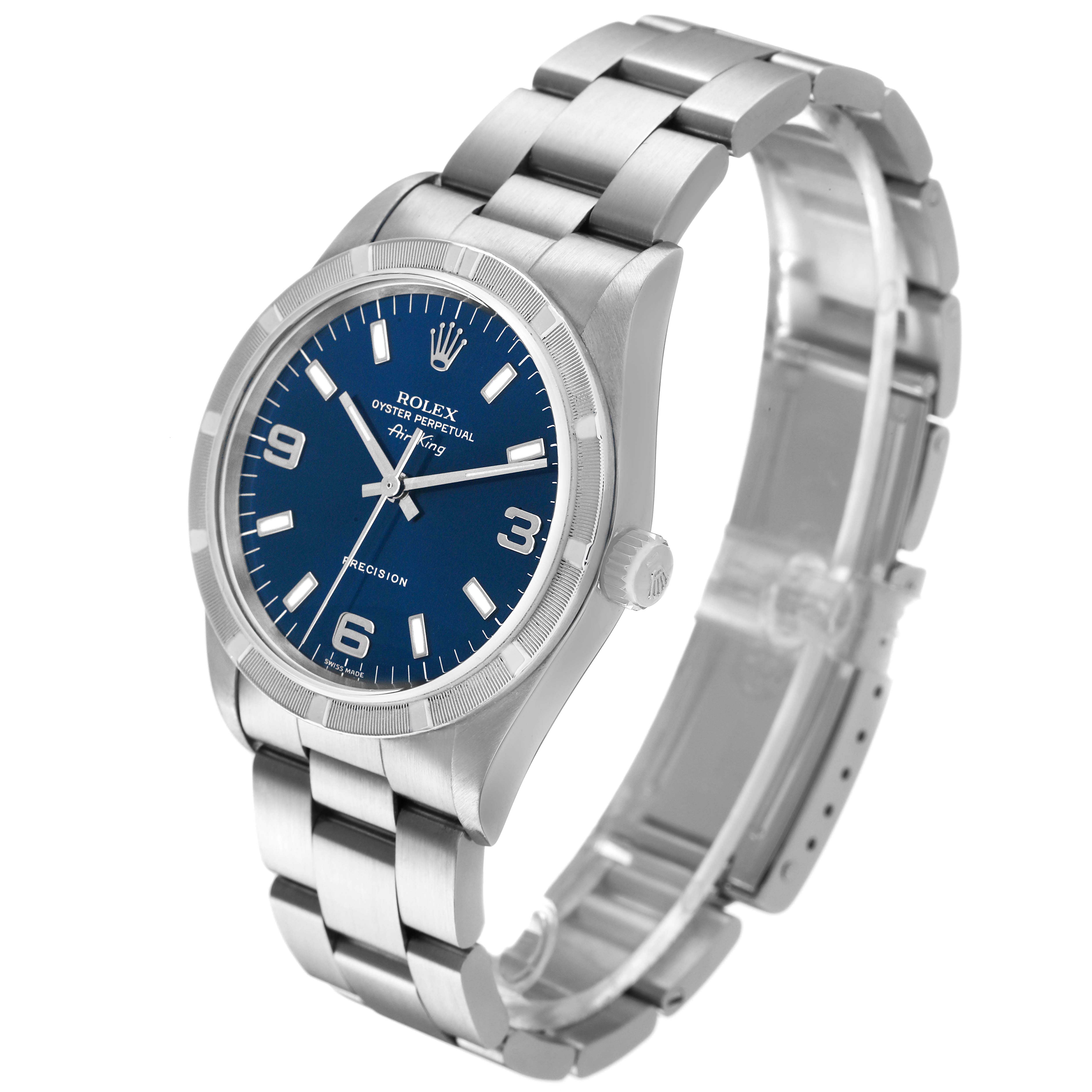 The Rolex Air-King 14010 Men's Stainless Steel Blue Dial watch is shown at a slight angle, displaying the bracelet, case, dial, and crown.
