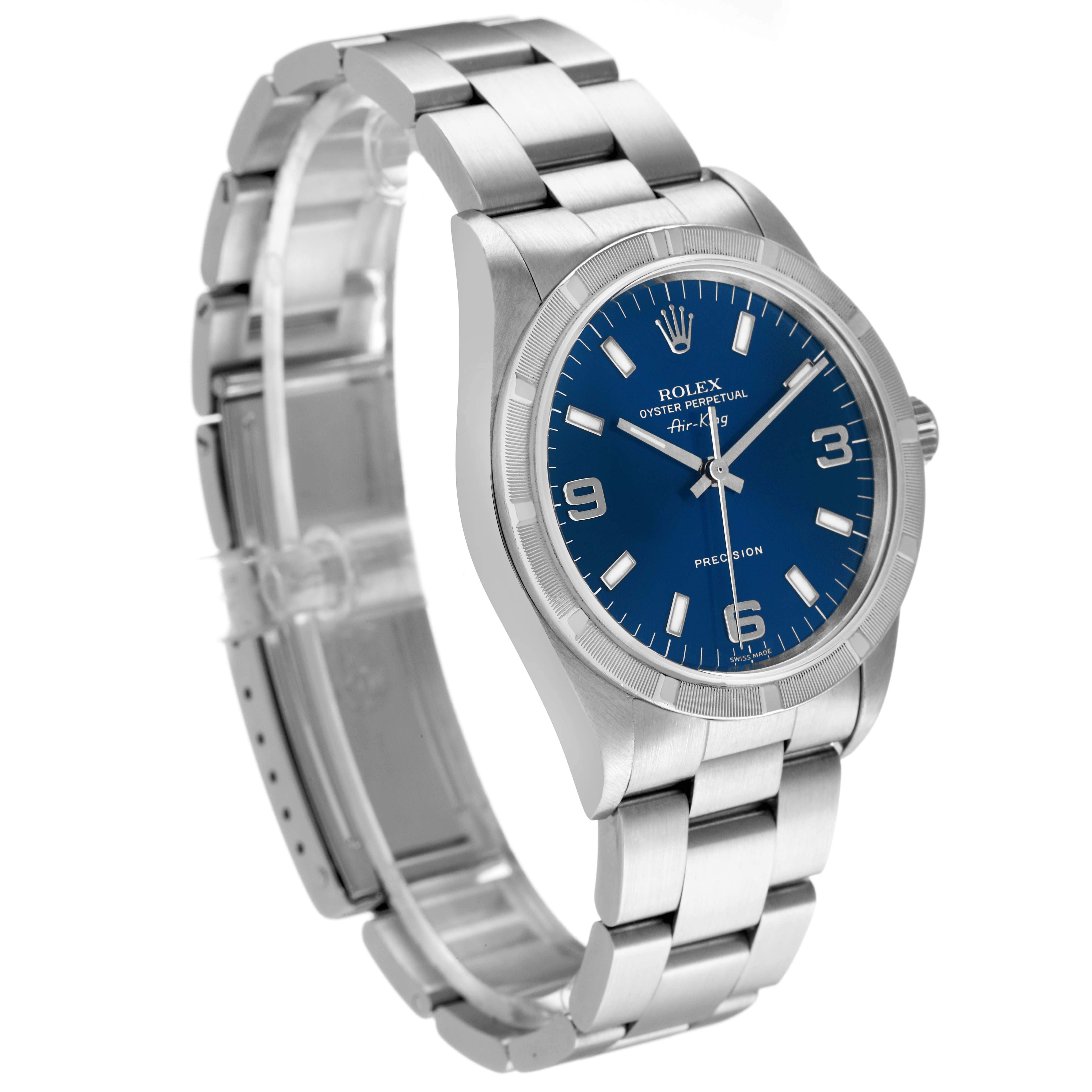 The Rolex Air-King 14010 Men's Stainless Steel Blue Dial watch is shown at a slight angle, displaying the face, bezel, and part of the bracelet.