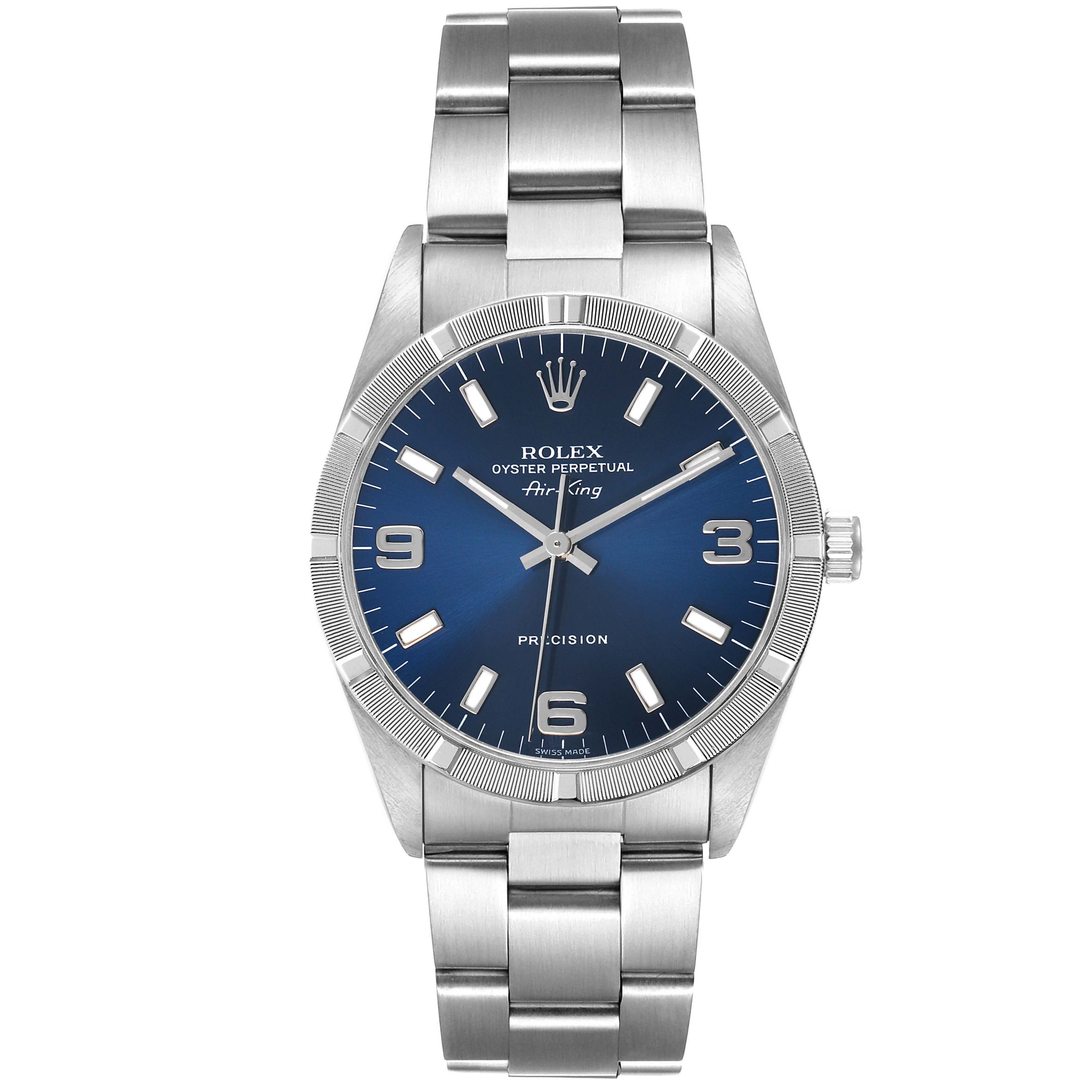 The Rolex Air-King 14010 Men's Stainless Steel Blue Dial watch is shown from a front angle, displaying the face, bezel, and bracelet.